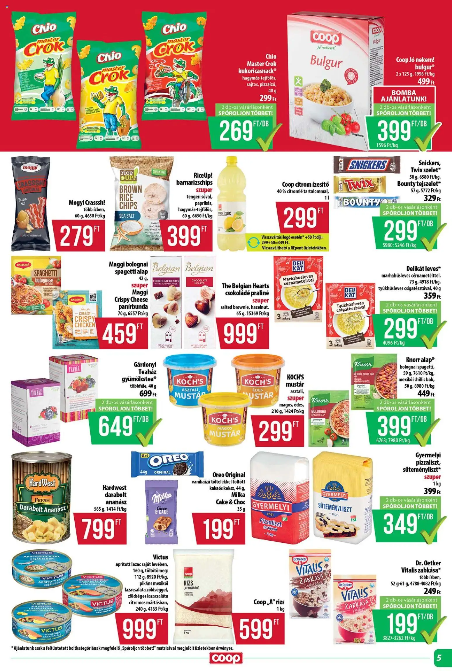 COOP akciós ujság - amely érvényes a következő dátumtól: 20.11.2025 | Oldal: 5 | Termékek: Chips, Maggi, Snickers, Ananász