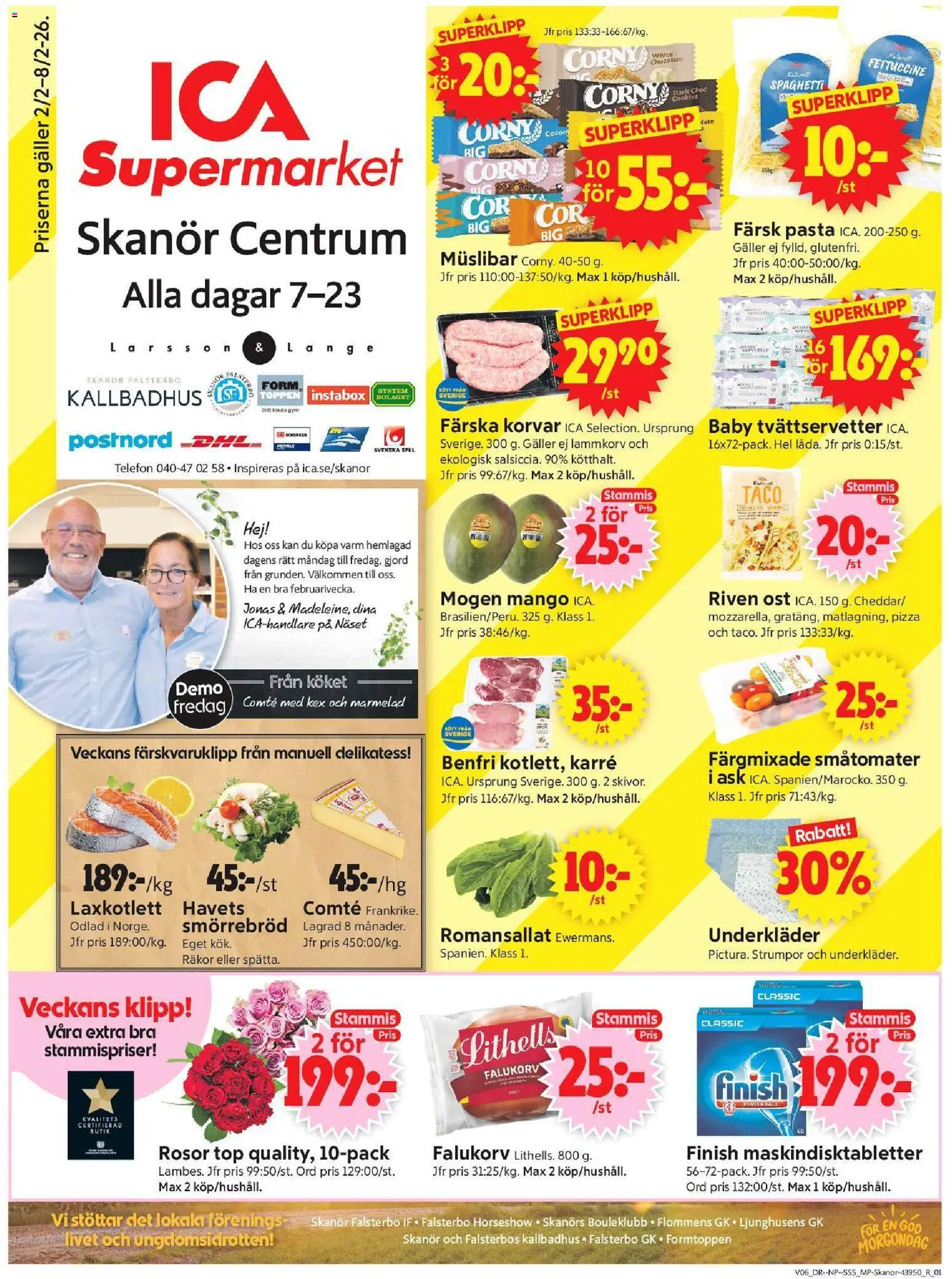ICA Supermarket reklamblad aktuell från 02.02.2026 | Sida: 1 | Produkter: Riven ost, Spaghetti, Pasta, Telefon