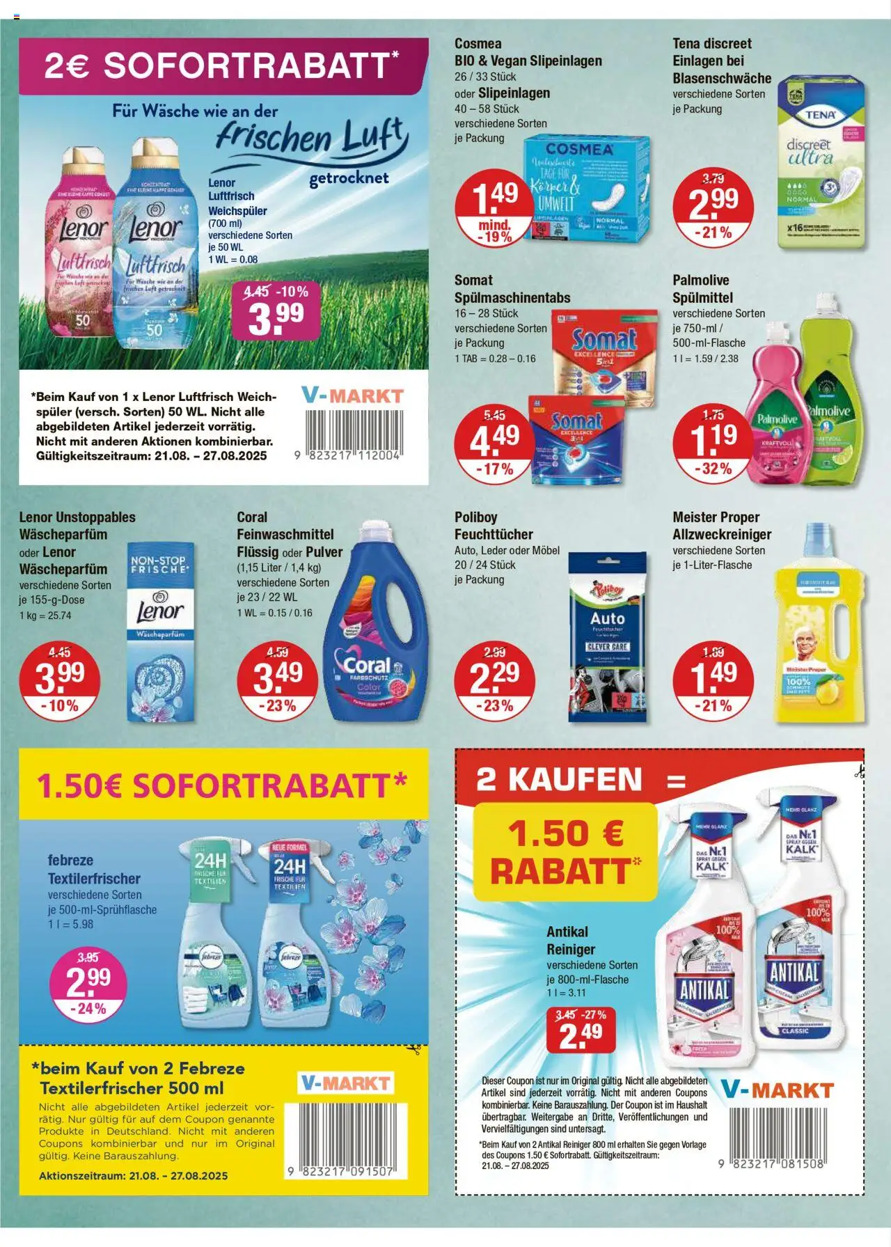 V-Markt - M&#252;nchen - gültig ab dem 21.08.2025 | Seite: 10 | Produkte: Lenor, Coral, Weichspüler, Spülmaschinentabs