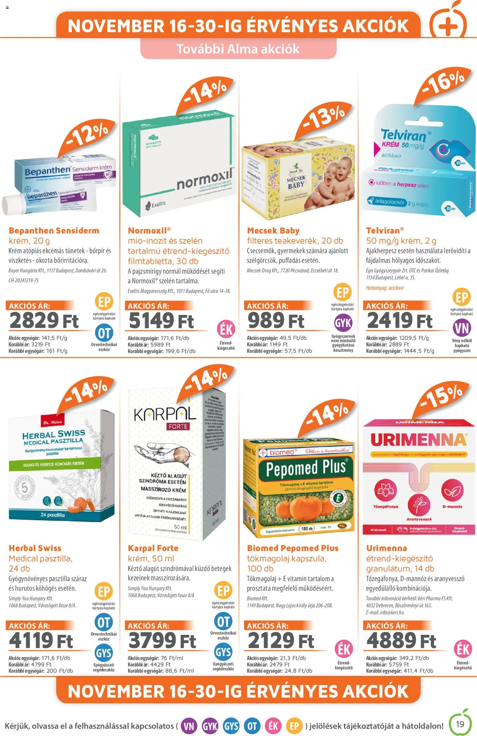 Alma Gyógyszertárak akciós ujság - amely érvényes a következő dátumtól: 01.11.2025 | Oldal: 19 | Termékek: E vitamin, Alma, Tökmagolaj