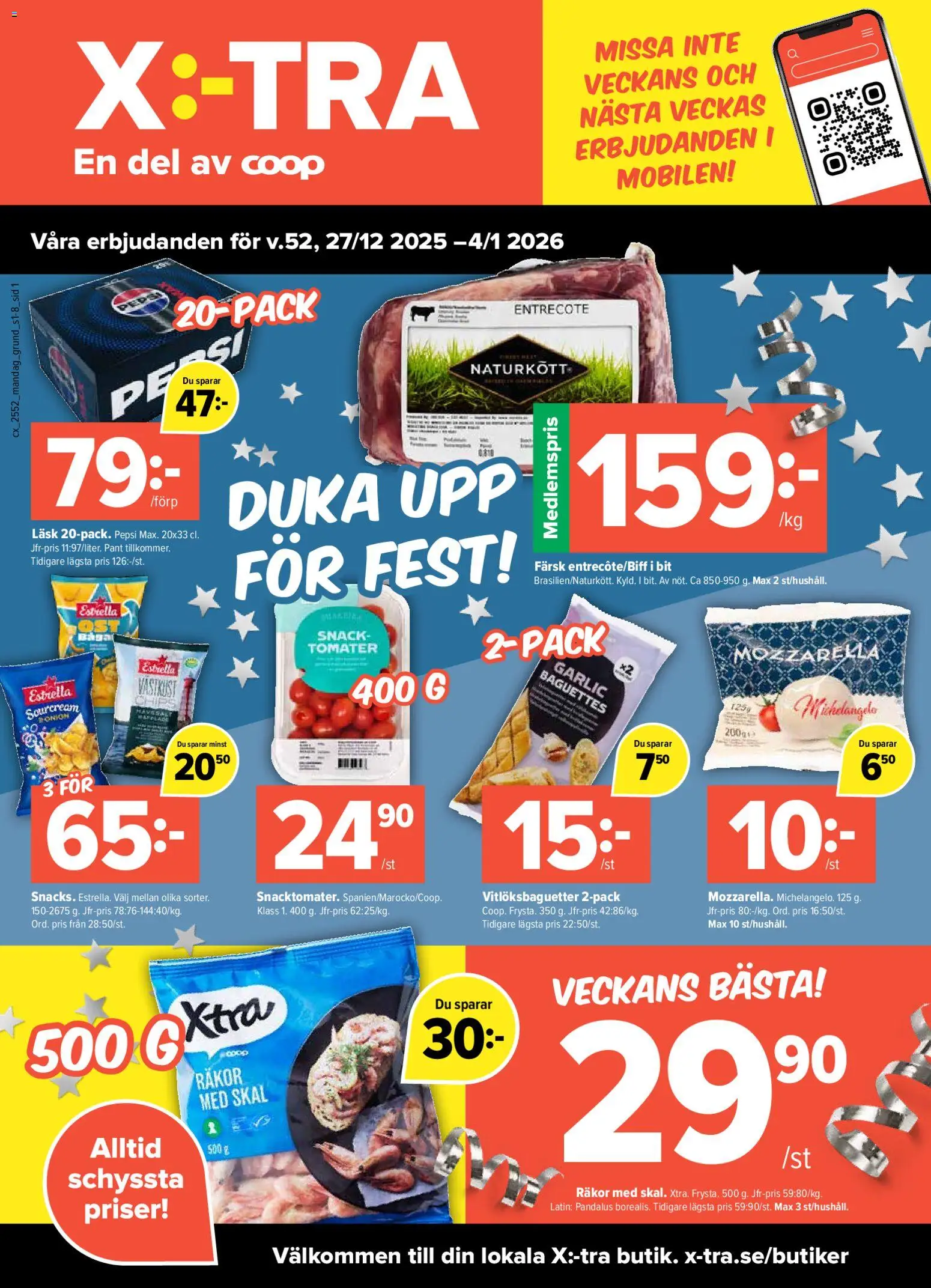 Coop X:-TRA reklamblad aktuell från 27.12.2025 | Sida: 1 | Produkter: Entrecote, Pepsi, Räkor, Tomater