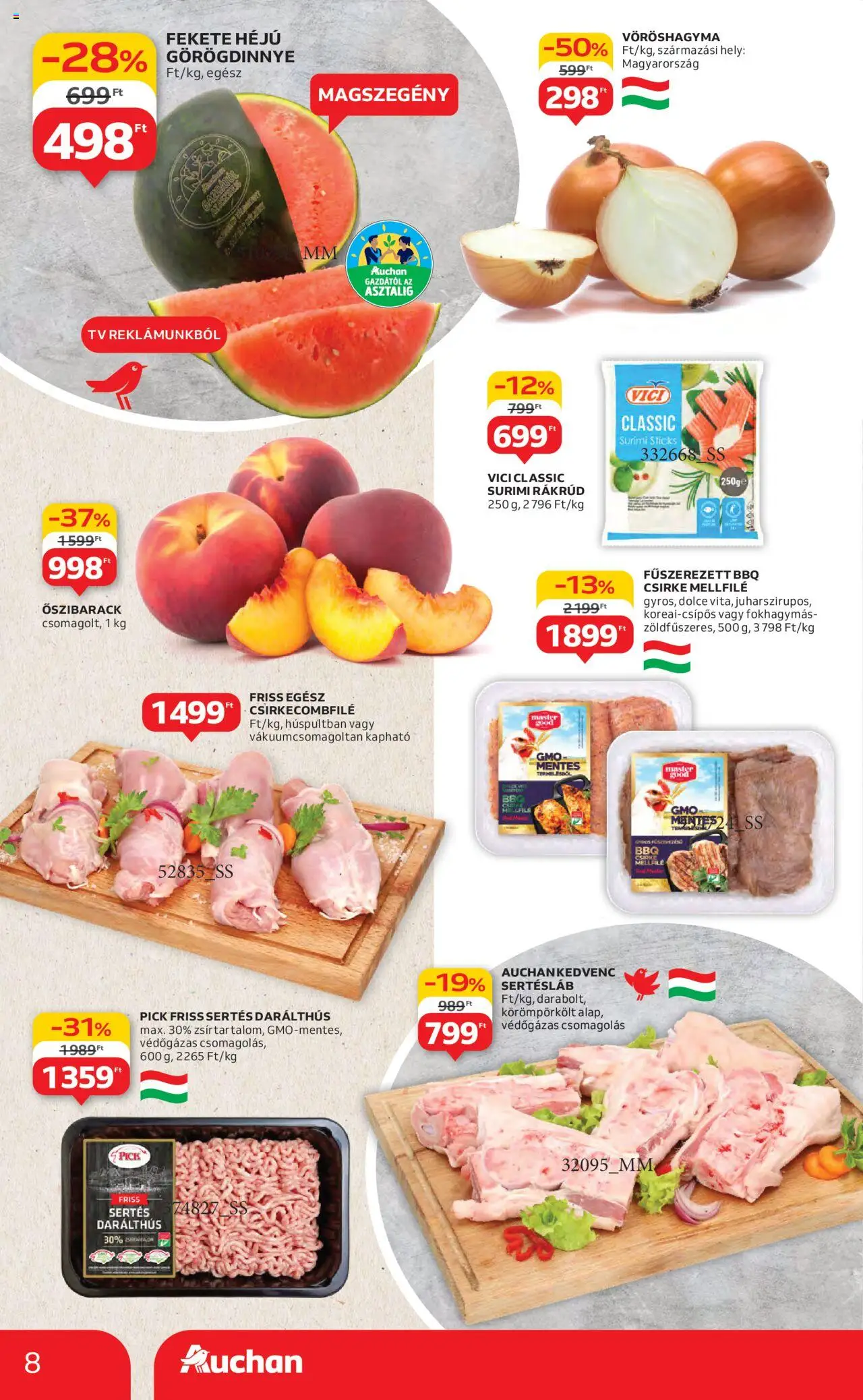 Auchan akciós ujság - amely érvényes a következő dátumtól: 19.06.2025 | Oldal: 8 | Termékek: Őszibarack, Görögdinnye, Vöröshagyma, TV