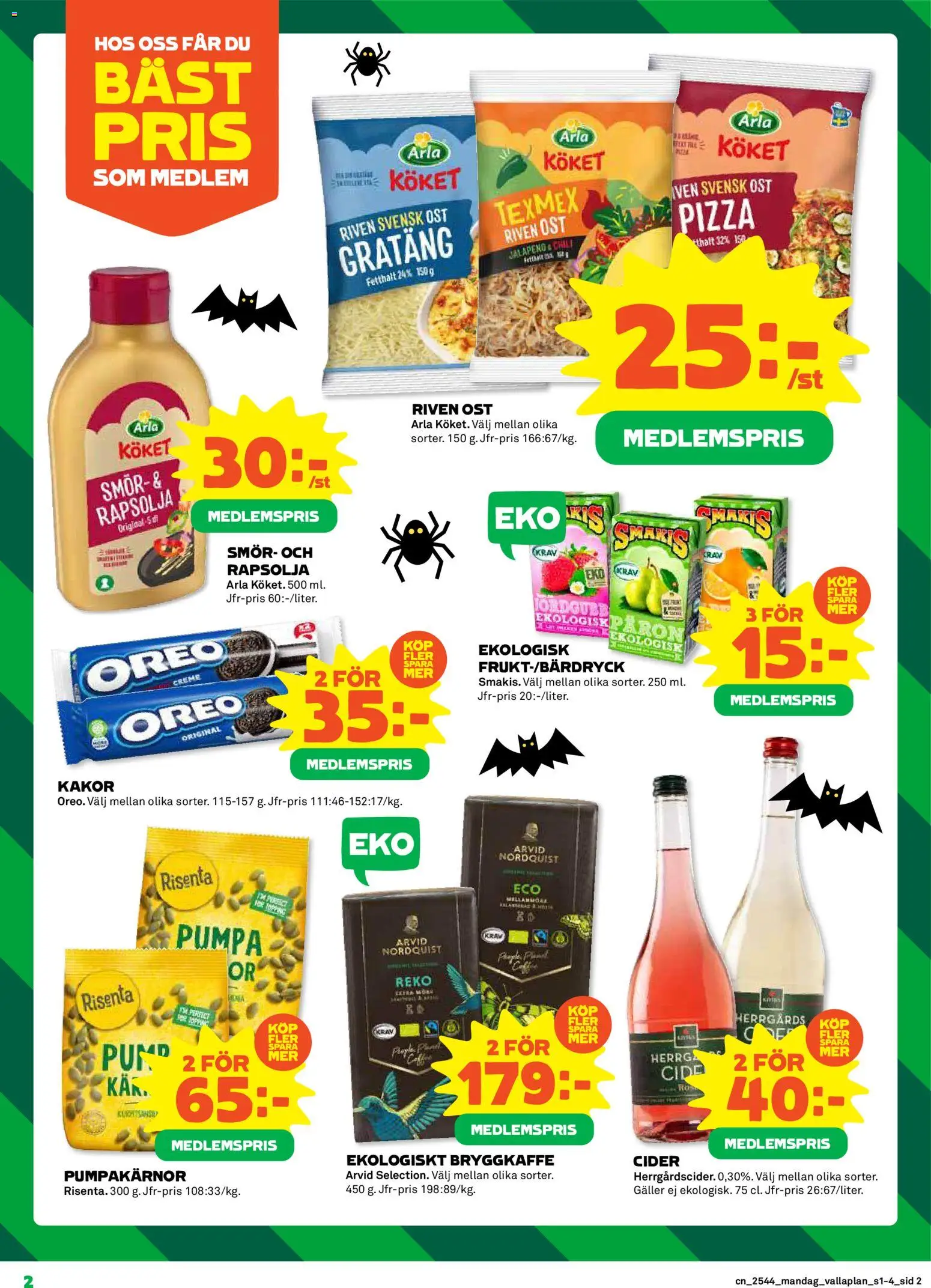 Coop reklamblad aktuell från 27.10.2025 | Sida: 2 | Produkter: Riven ost, Oreo, Smör, Cider