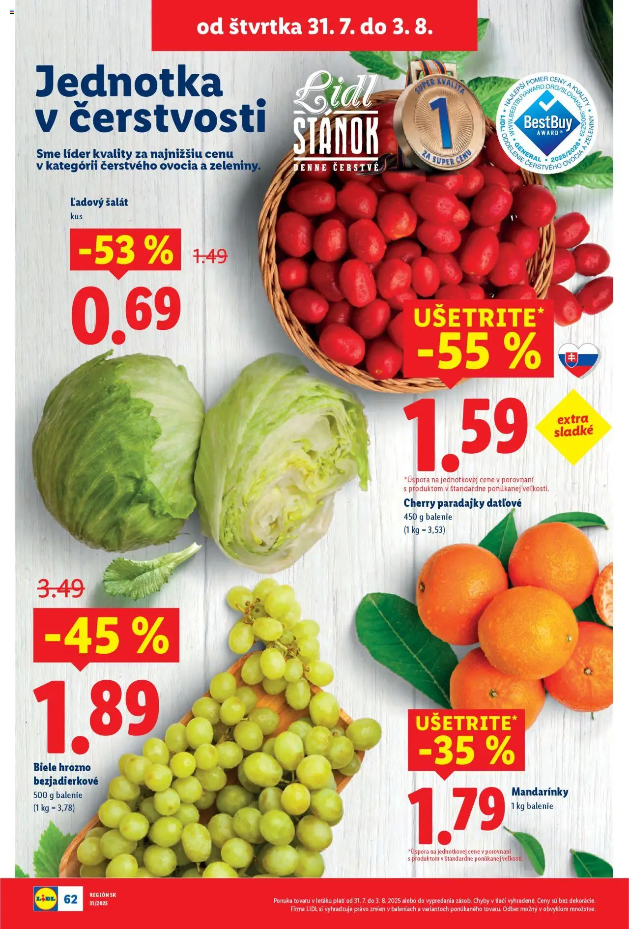 Lidl leták │ platný od 28.07.2025 | Strana: 60 | Produkty: Paradajky, Mandarinky, Šalát, Hrozno