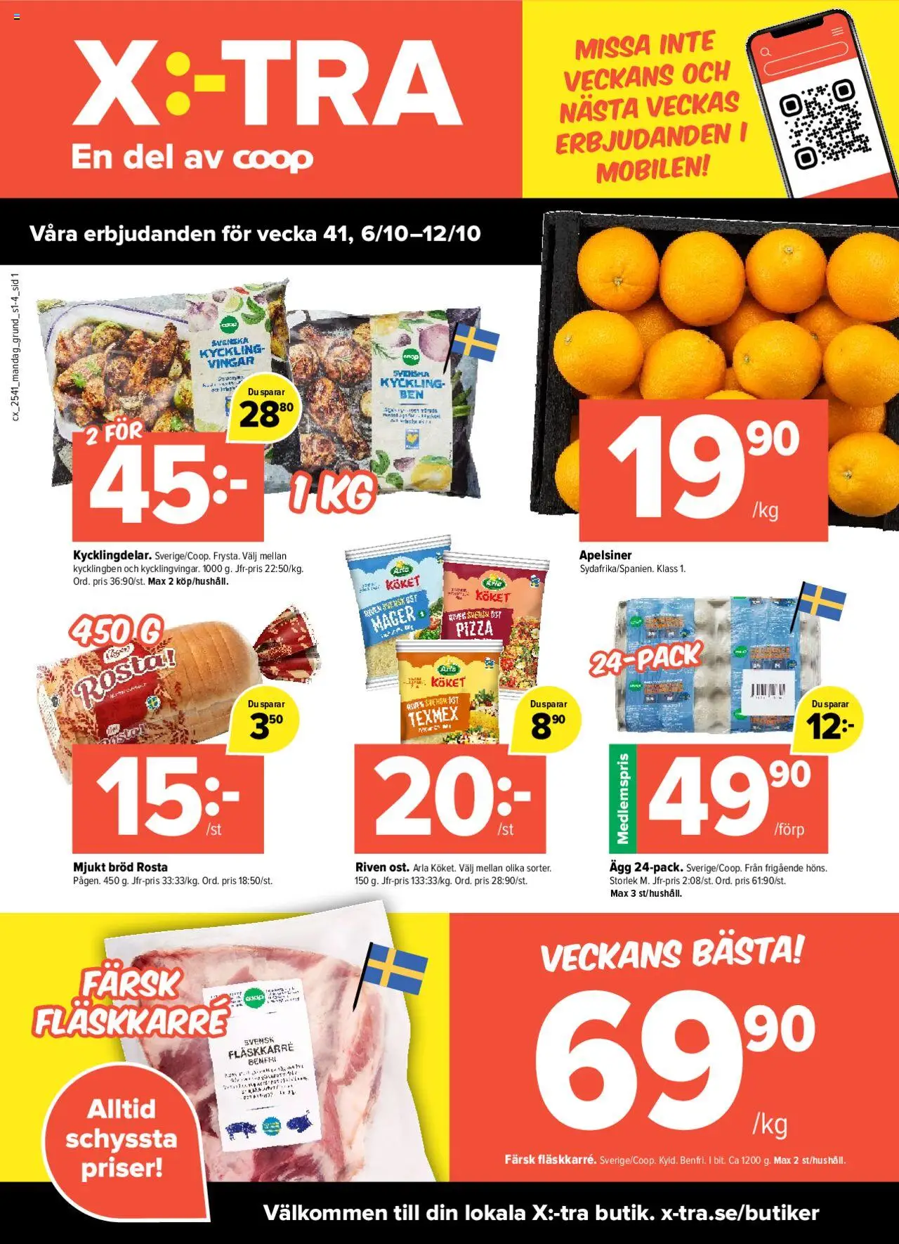 Coop X:-TRA reklamblad aktuell från 06.10.2025 | Sida: 1 | Produkter: Ost, Bröd, Pizza, Apelsiner