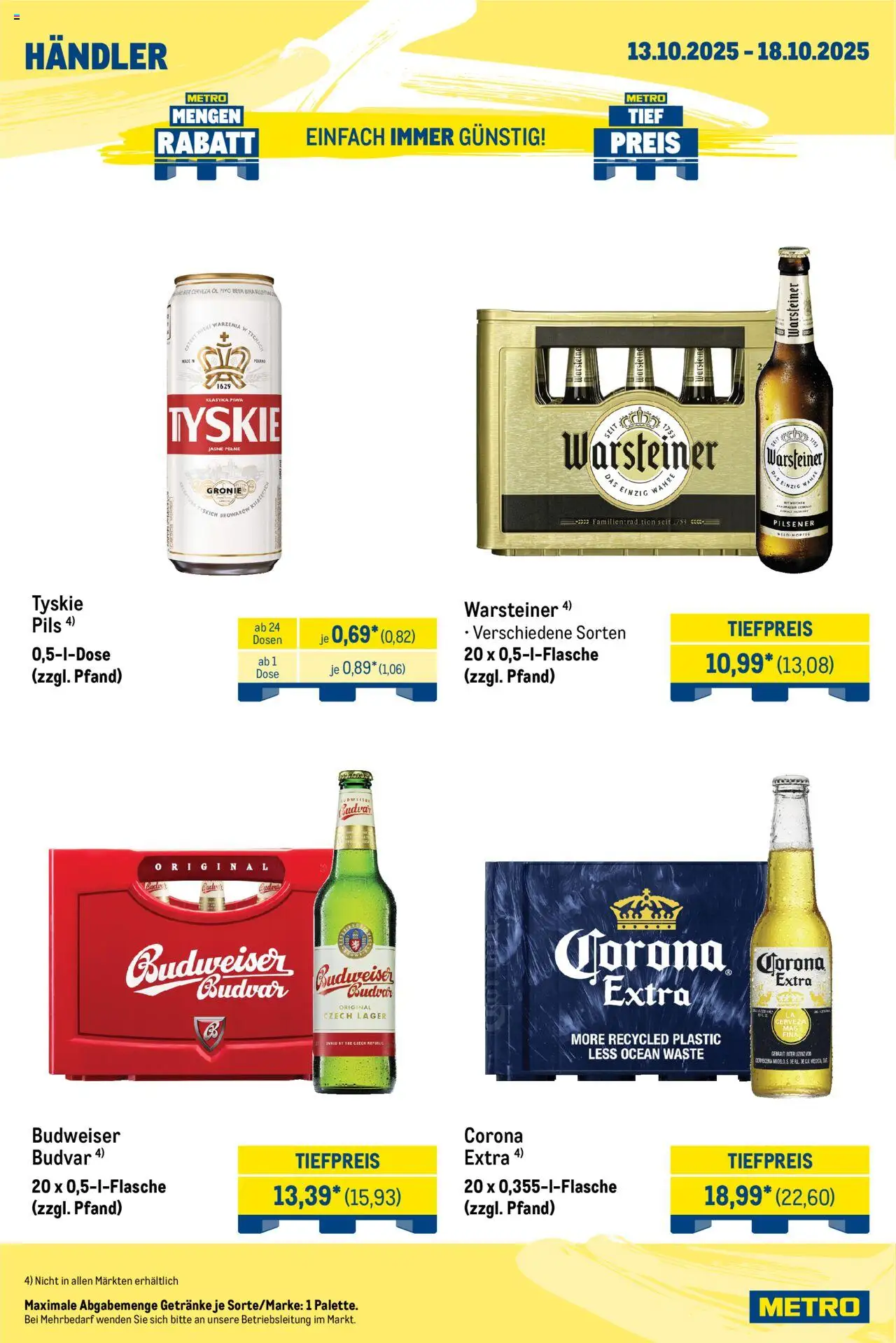 Metro Wochen-Angebote Händler – gültig ab 13.10.2025 | Seite: 6 | Produkte: Tyskie, Öl, Warsteiner, Budweiser