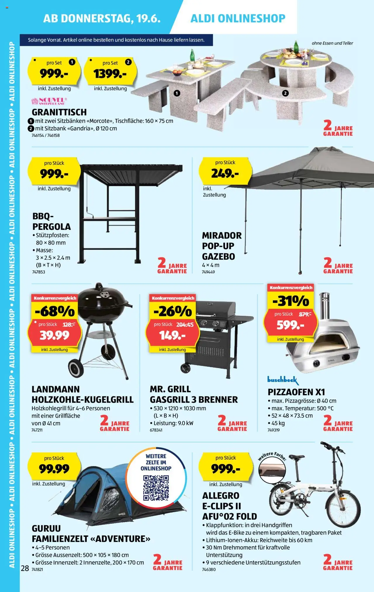 Aldi Aktionen ab 19.06.2025 | Seite: 28 | Produkte: Sitzbank, E-Bike, Pizza, Grill