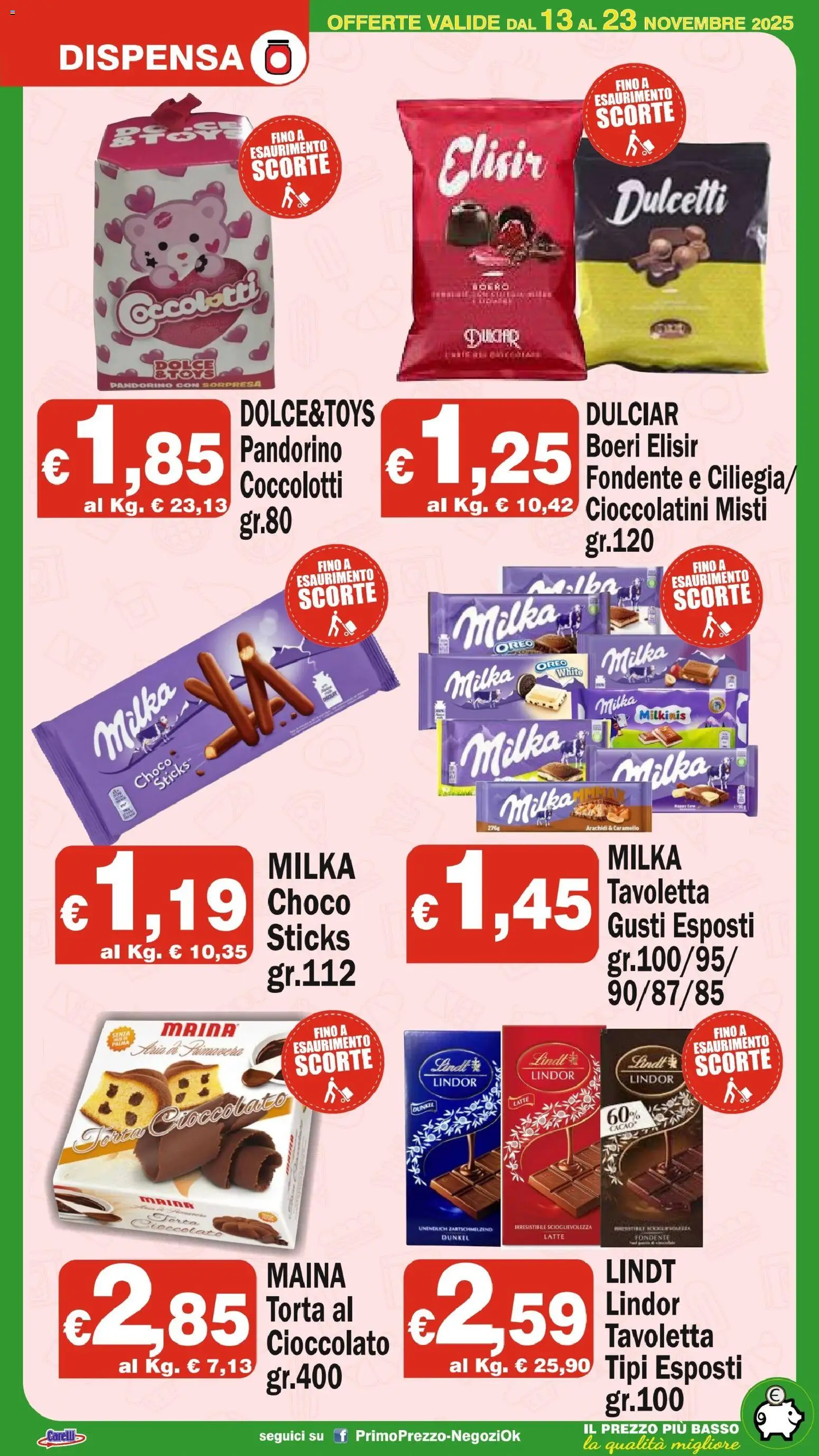Volantino Primo Prezzo del 13.11.2025 | Pagina: 18 | Prodotti: Cioccolato, Latte, Torta, Cacao