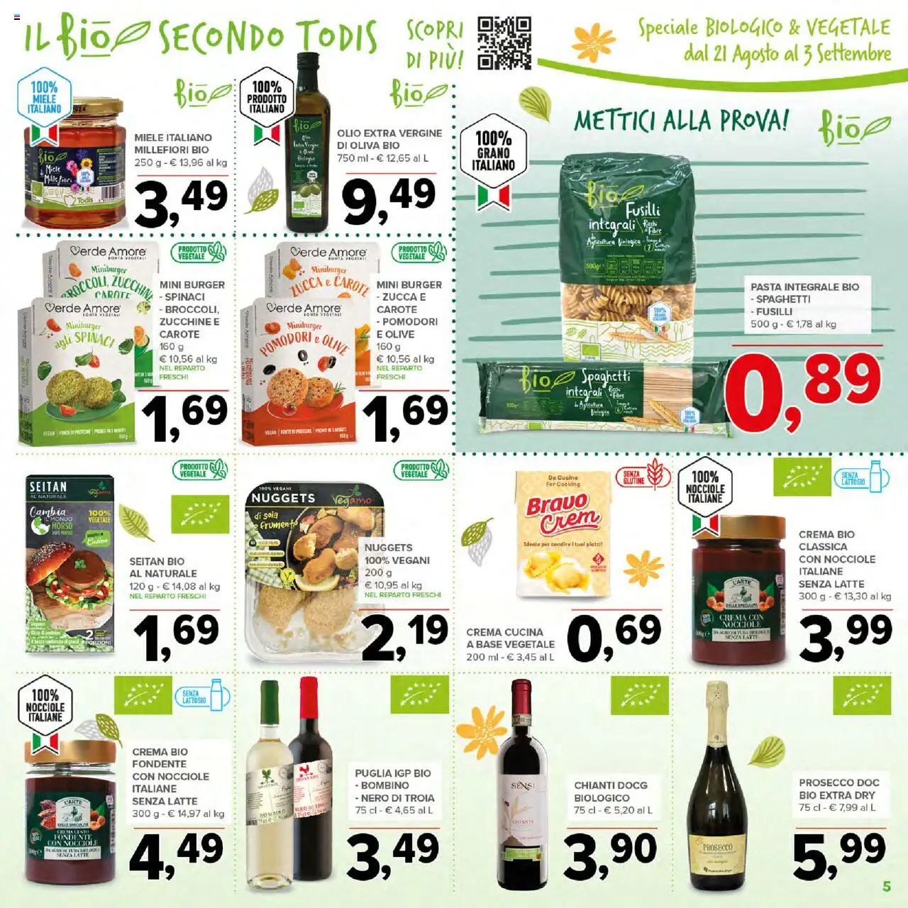 Volantino Todis del 21.08.2025 | Pagina: 5 | Prodotti: Pasta, Nocciole, Spinaci, Olio extra vergine