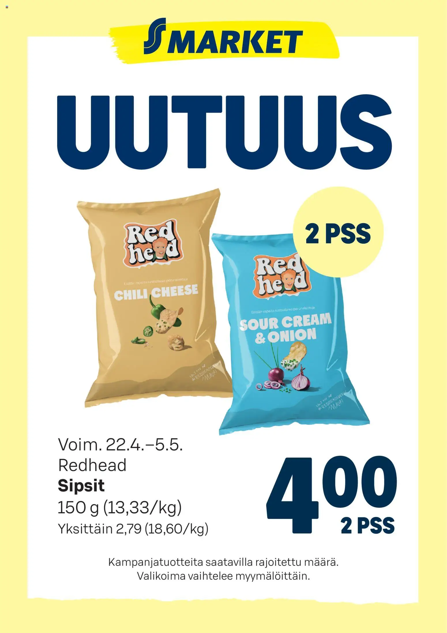 S-market tarjoukset Redhead sipsit – voimassa 22.04.2026 alkaen | Sivu: 1 | Tuotteet: Chili