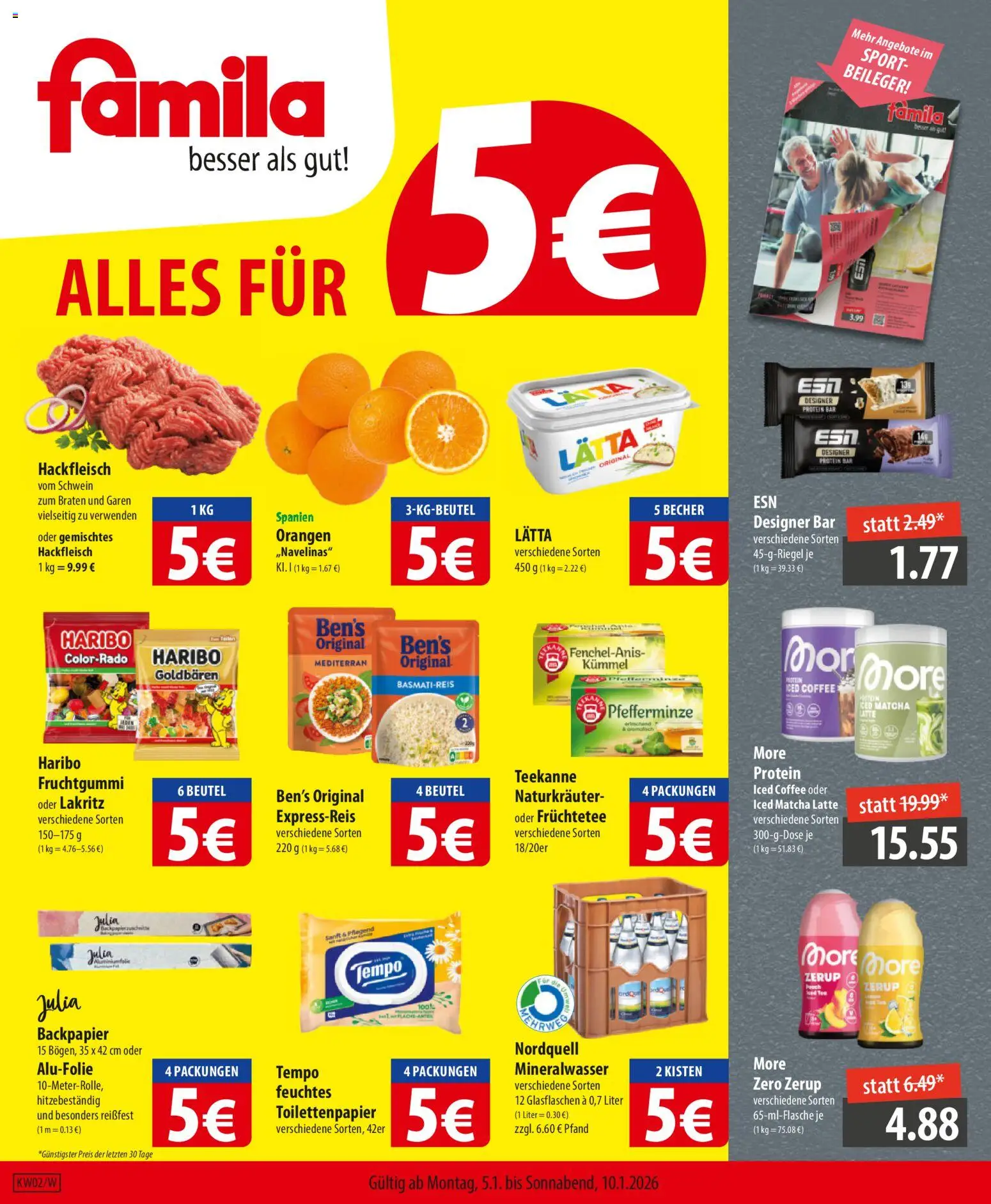 Famila Prospekt 	 – gültig ab 05.01.2026 | Seite: 1 | Produkte: Haribo, Mineralwasser, Tempo, Teekanne