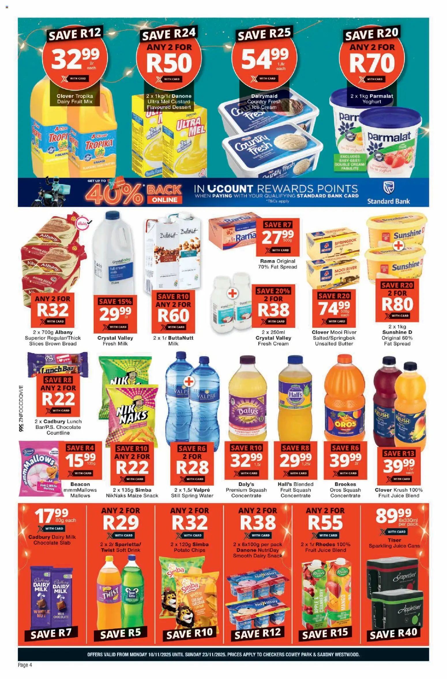 New Checkers catalogue – valid from 10.11.2025 | Page: 4 | Products: Custard, Butter, Water, Fat spread
