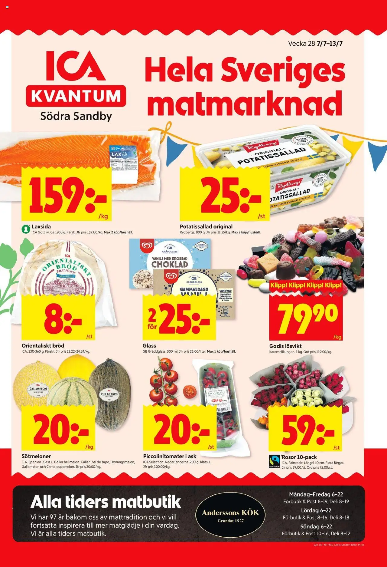 ICA Kvantum reklamblad aktuell från 07.07.2025 | Sida: 1 | Produkter: Lax, Choklad, Potatis, Godis