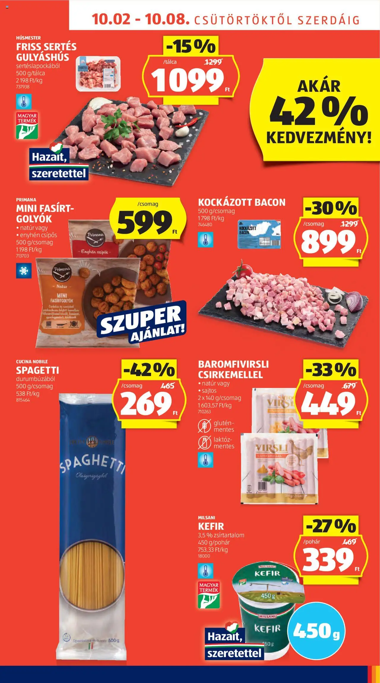 Aldi akciós ujság - amely érvényes a következő dátumtól: 02.10.2025 | Oldal: 7 | Termékek: Virsli, Kockázott bacon, Spagetti, Kefir