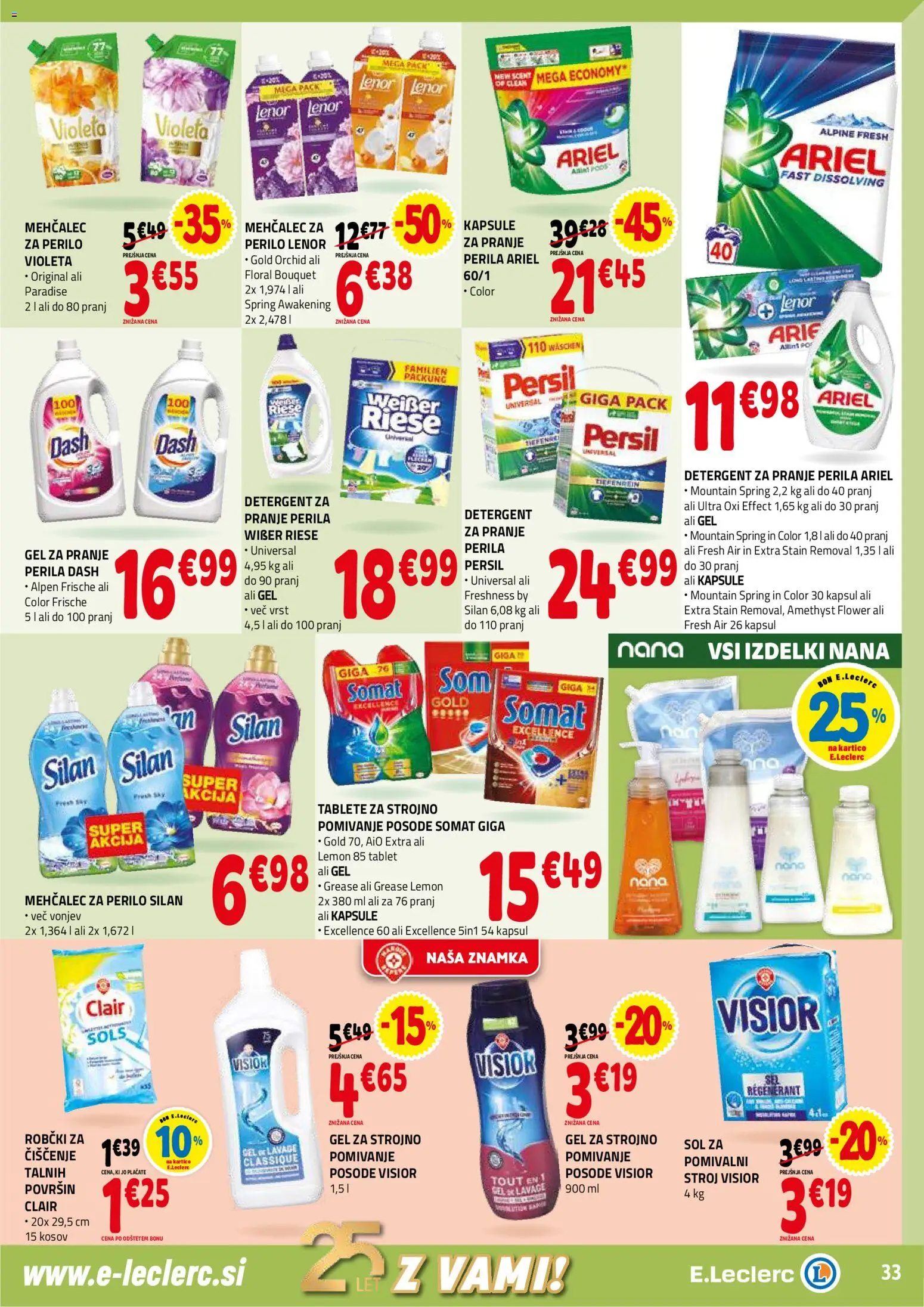 Novi E.leclerc katalog ponudbe – veljaven od 07.01.2026 | Stran: 33 | Izdelki: Mehčalec, Robčki, Detergent, Sol