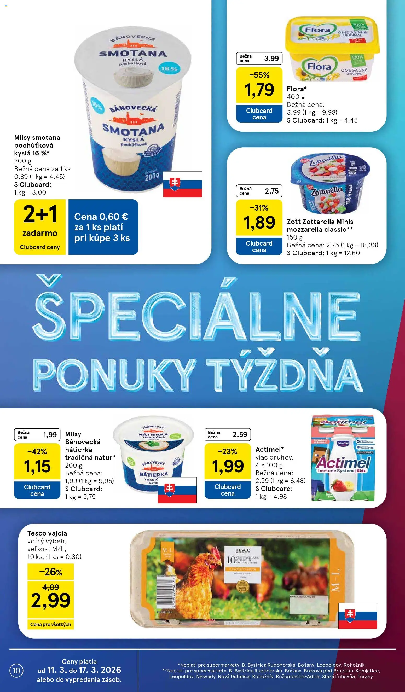 Nové Tesco akcie – leták je platný od 11.03.2026 | Strana: 10 | Produkty: Vajcia, Smotana, Mozzarella, Flora