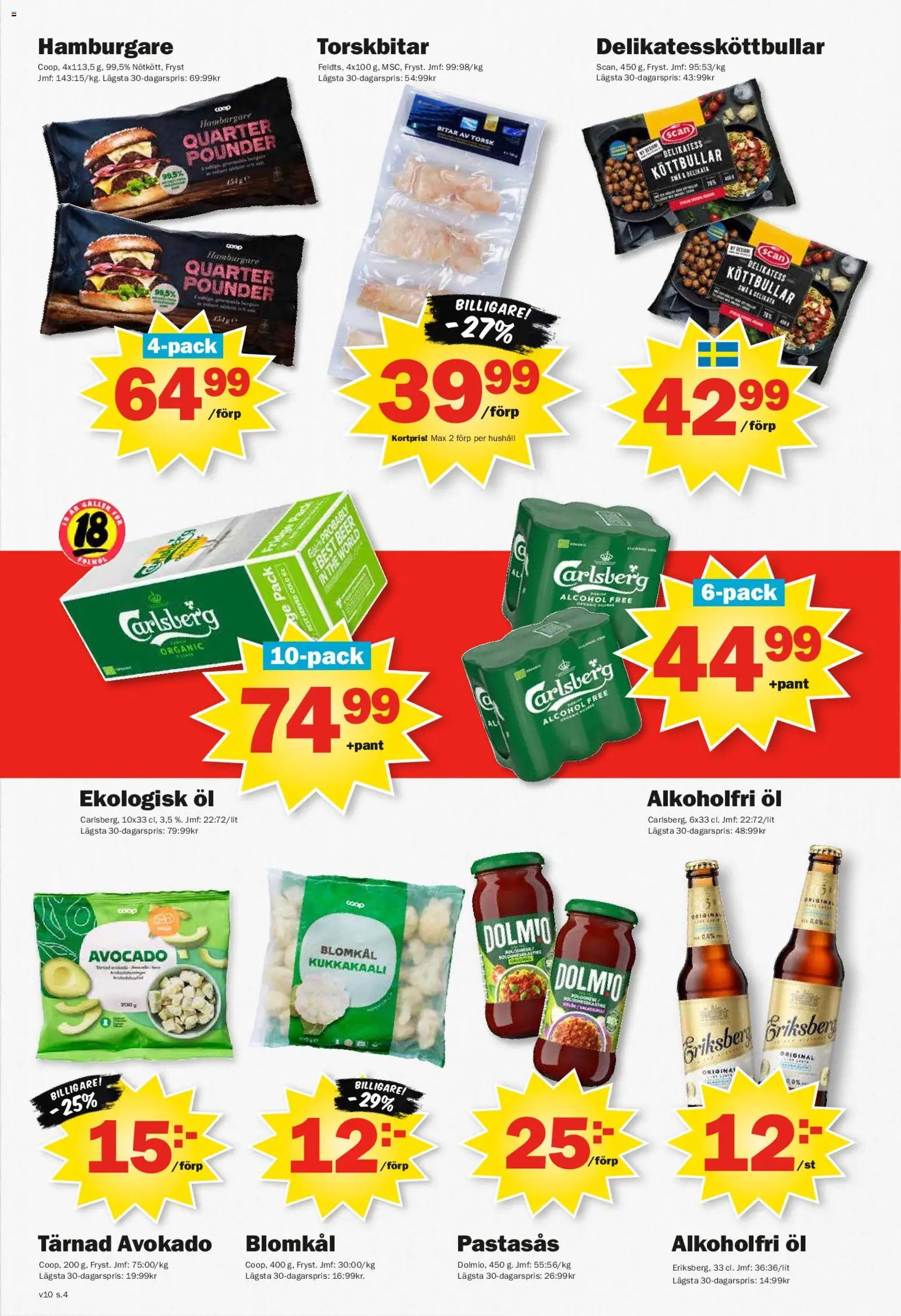 Pekås reklamblad aktuell från 02.03.2026 | Sida: 4 | Produkter: Avocado, Köttbullar, Hamburgare, Öl