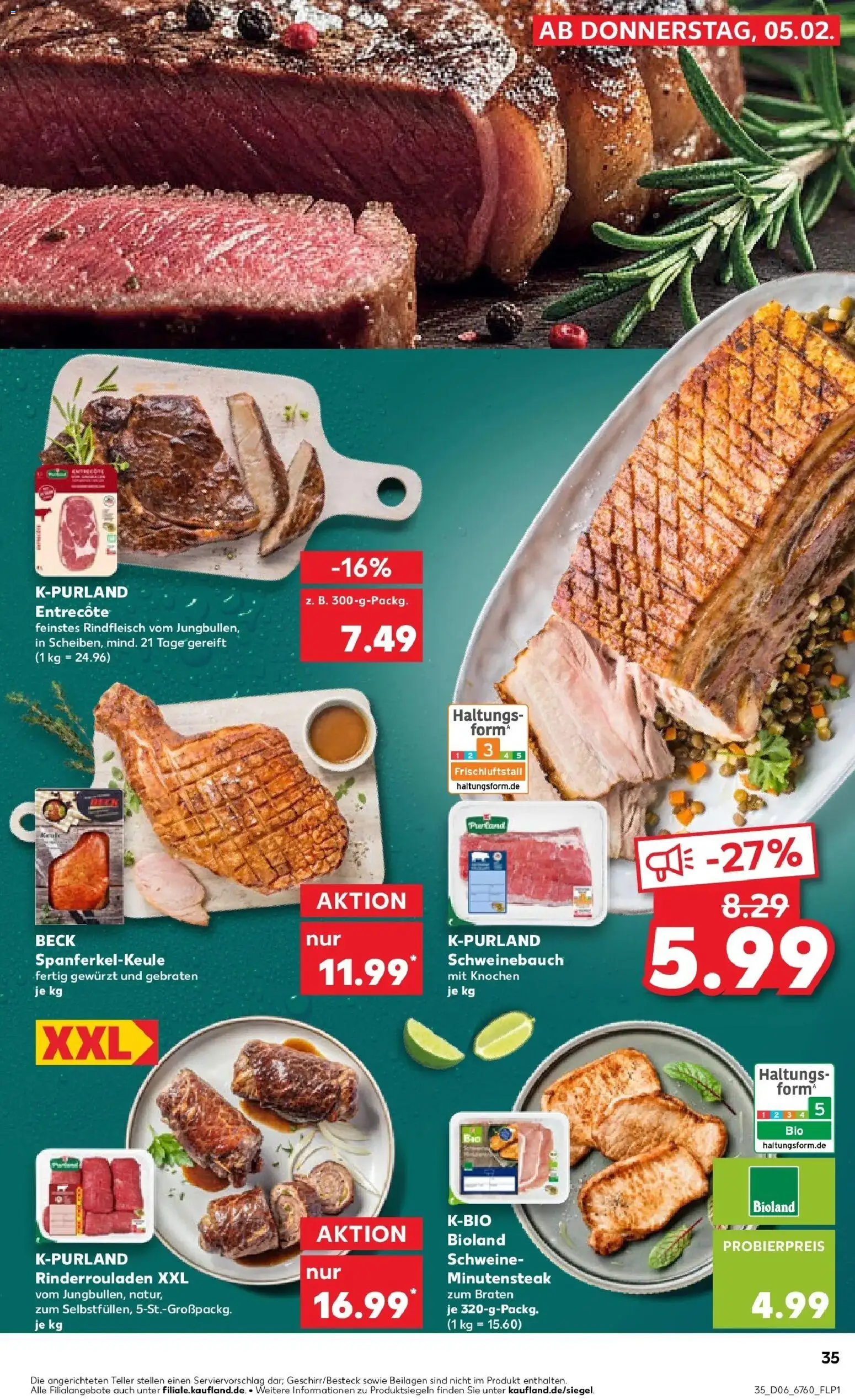 Kaufland prospekt Lichtenfels	 – gültig ab 09.02.2026 | Seite: 35 | Produkte: Rinderrouladen, Schweinebauch, Entrecote, Steak