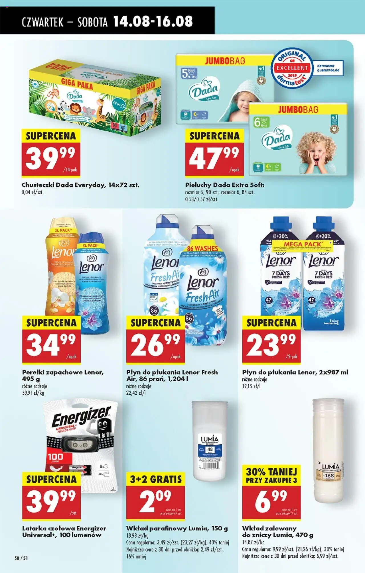 Biedronka gazetka - Oferta w tym tygodniu od 14.08.2025 | Strona: 62 | Produkty: Pieluchy Dada, Płyn do płukania Lenor, Latarka czołowa