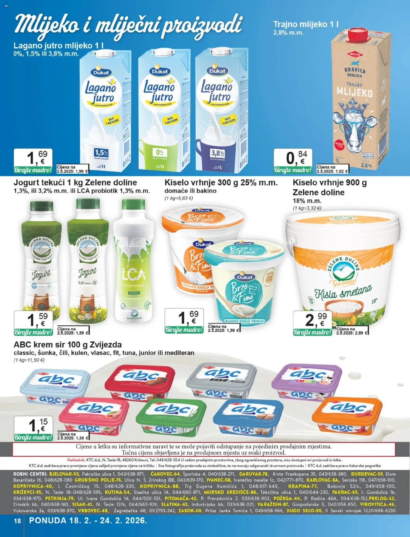 KTC katalog | vrijedi od 18.02.2026 | Stranica: 18 | Proizvodi: Krem sir, Jogurt, Kiselo vrhnje, Trajno mlijeko