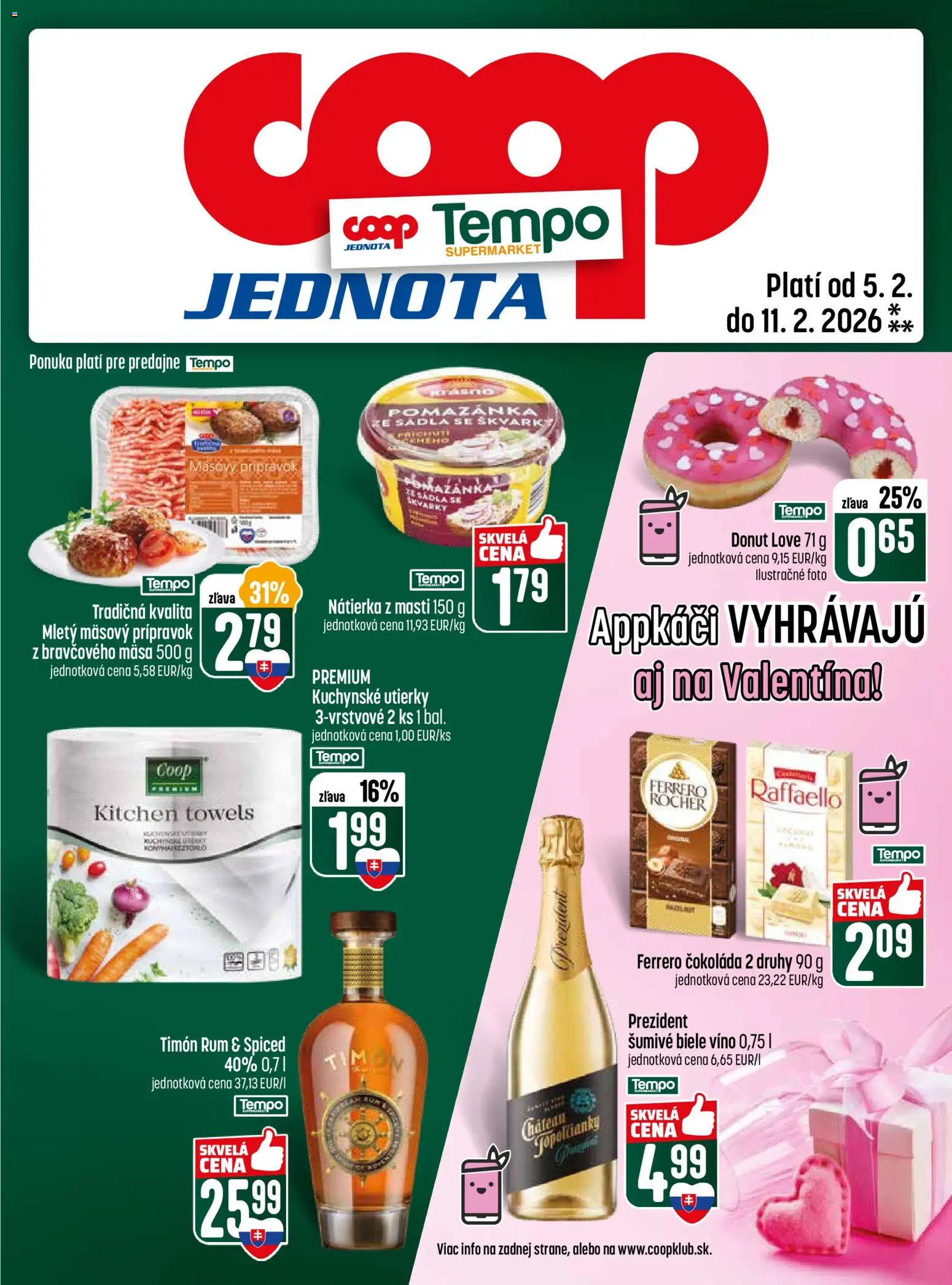 Nové COOP Jednota akcie – leták je platný od 05.02.2026 | Strana: 25 | Produkty: Víno, Donut, Ferrero Rocher, Rum