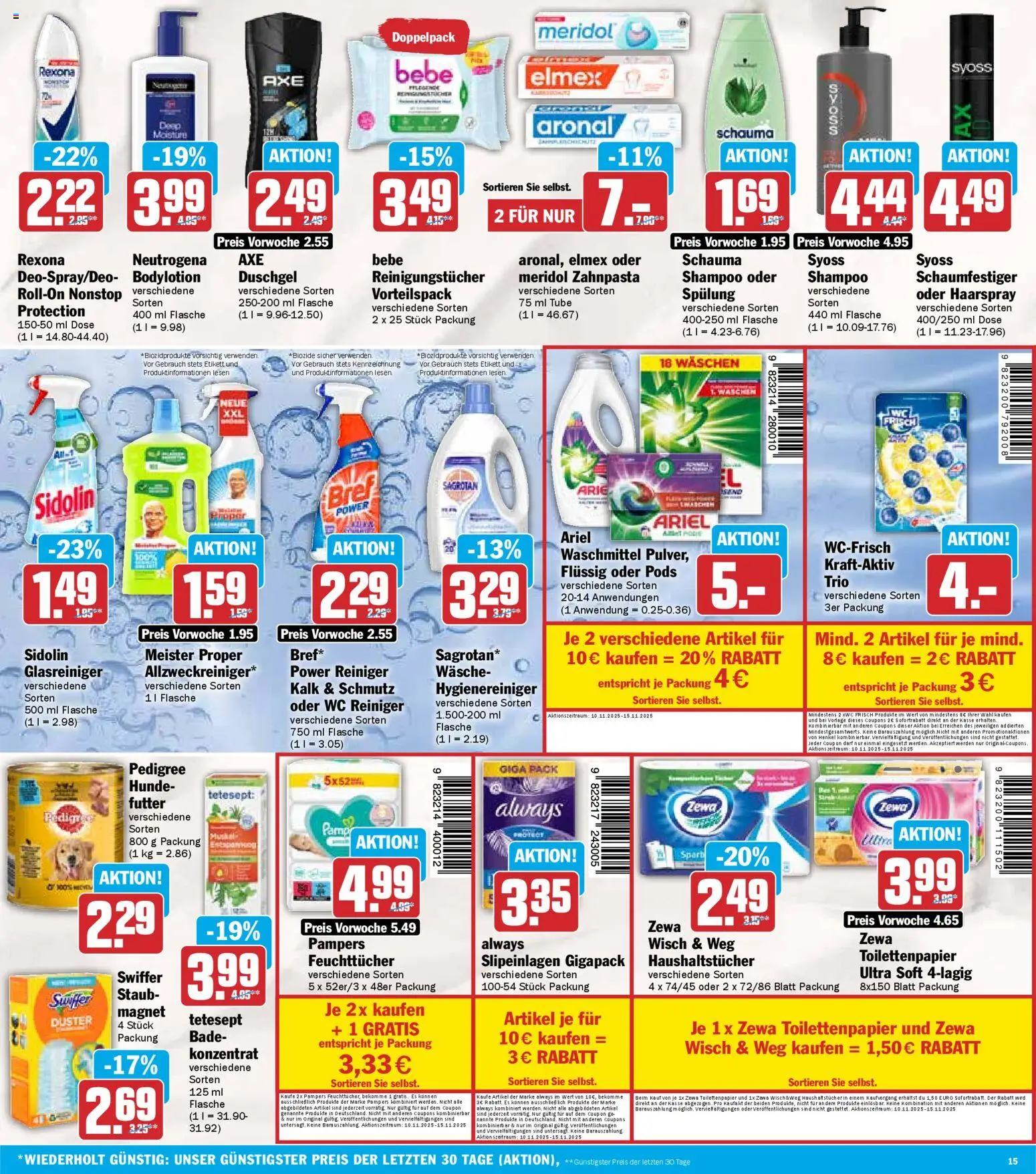 HIT - Baden-Württemberg – gültig ab 10.11.2025 | Seite: 15 | Produkte: Pampers, Reinigungstücher, Pedigree, Toilettenpapier