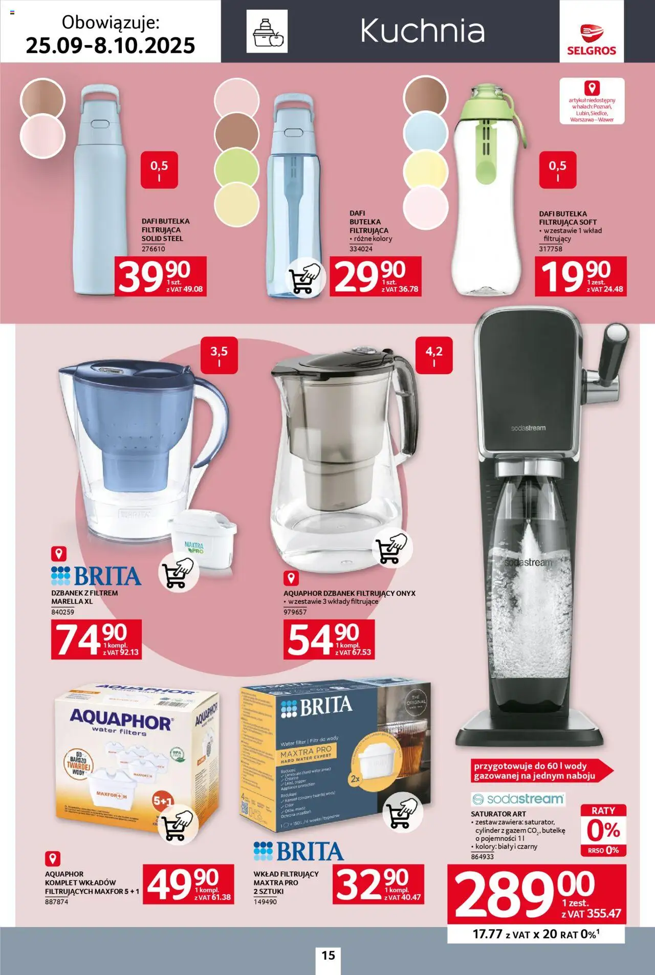 Selgros cash&carry Gazetka - Home&Deco od 25.09.2025 | Strona: 15 | Produkty: Filtr do wody, Dzbanek filtrujący, Butelka dafi, Sodastream