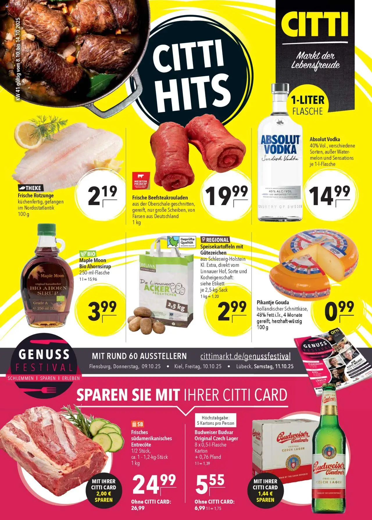 CITTI Markt Prospekt 	 – gültig ab 08.10.2025 | Seite: 1 | Produkte: Gouda, Entrecote, Sirup, Budweiser