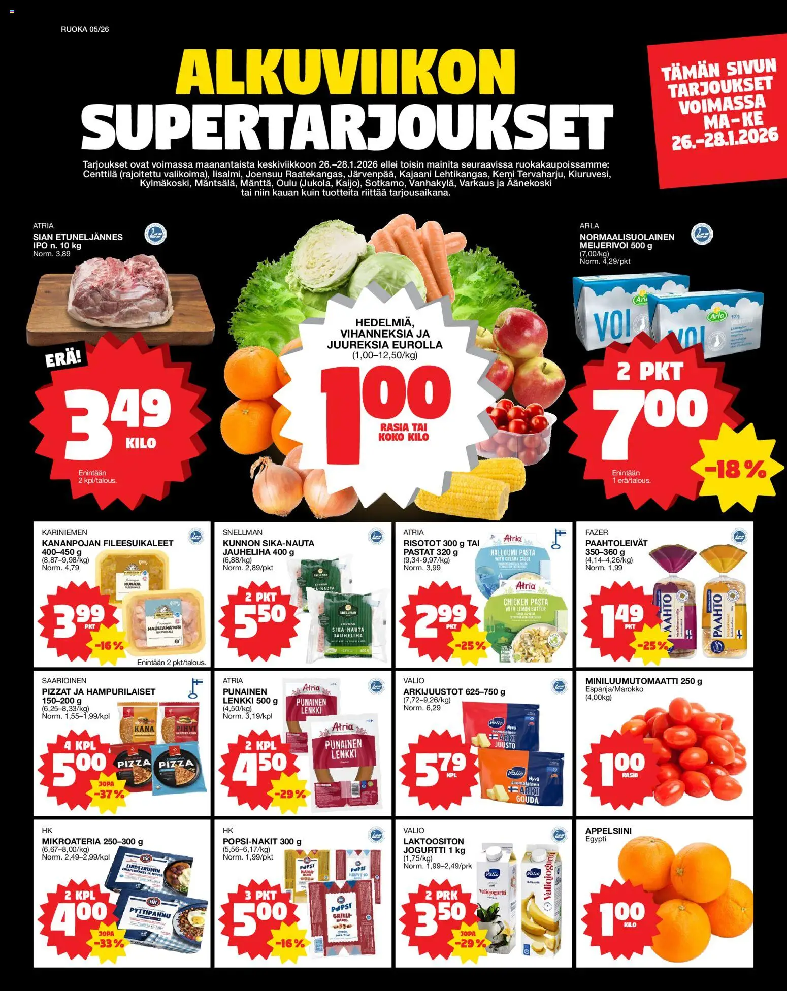 Tokmanni Ruokatarjoukset – voimassa 26.01.2026 alkaen | Sivu: 1 | Tuotteet: Kana, Jogurtti, Pizza, Pihvi