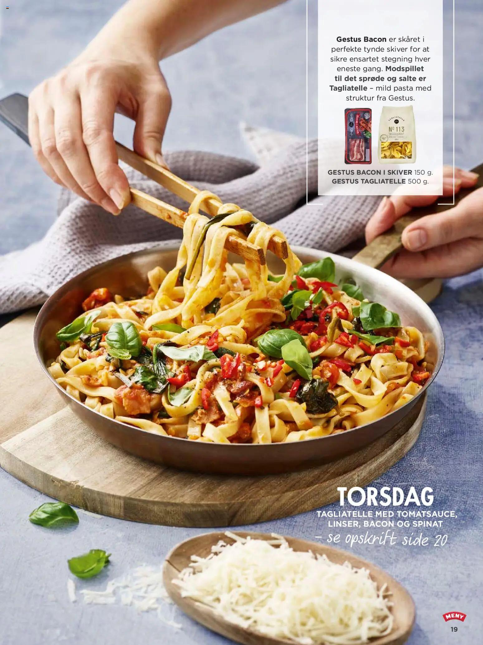 Meny tilbudsavis – gyldig fra 01.02.2026 | Side: 19 | Produkter: Pasta, Bacon, Spinat