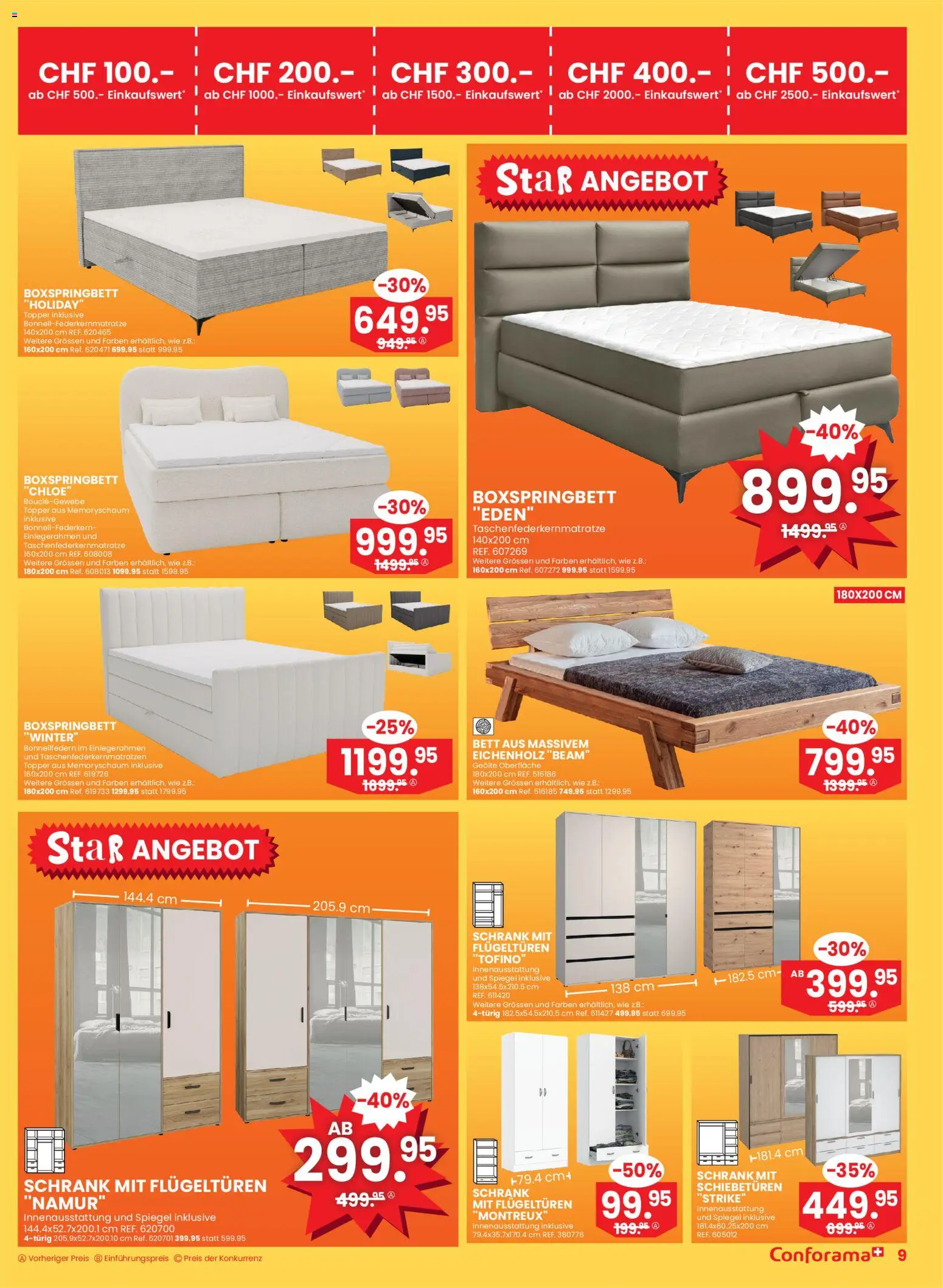 Conforama Aktionen – gültig ab 31.12.2025 | Seite: 9 | Produkte: Schrank, Spiegel, Bett, Boxspringbett