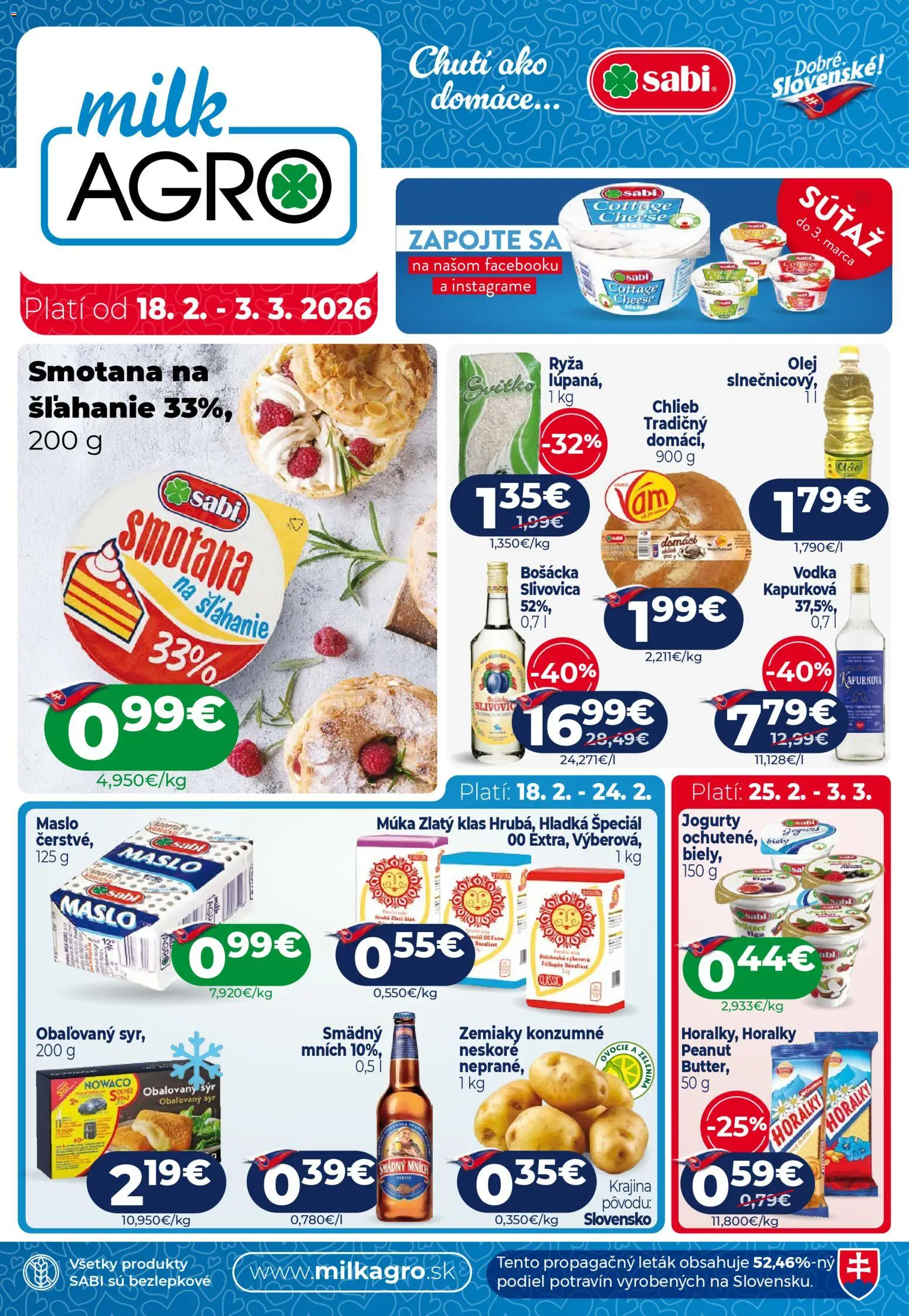 Nové Milk Agro akcie – leták je platný od 18.02.2026 | Strana: 1 | Produkty: Chlieb, Smotana, Vodka, Horálky