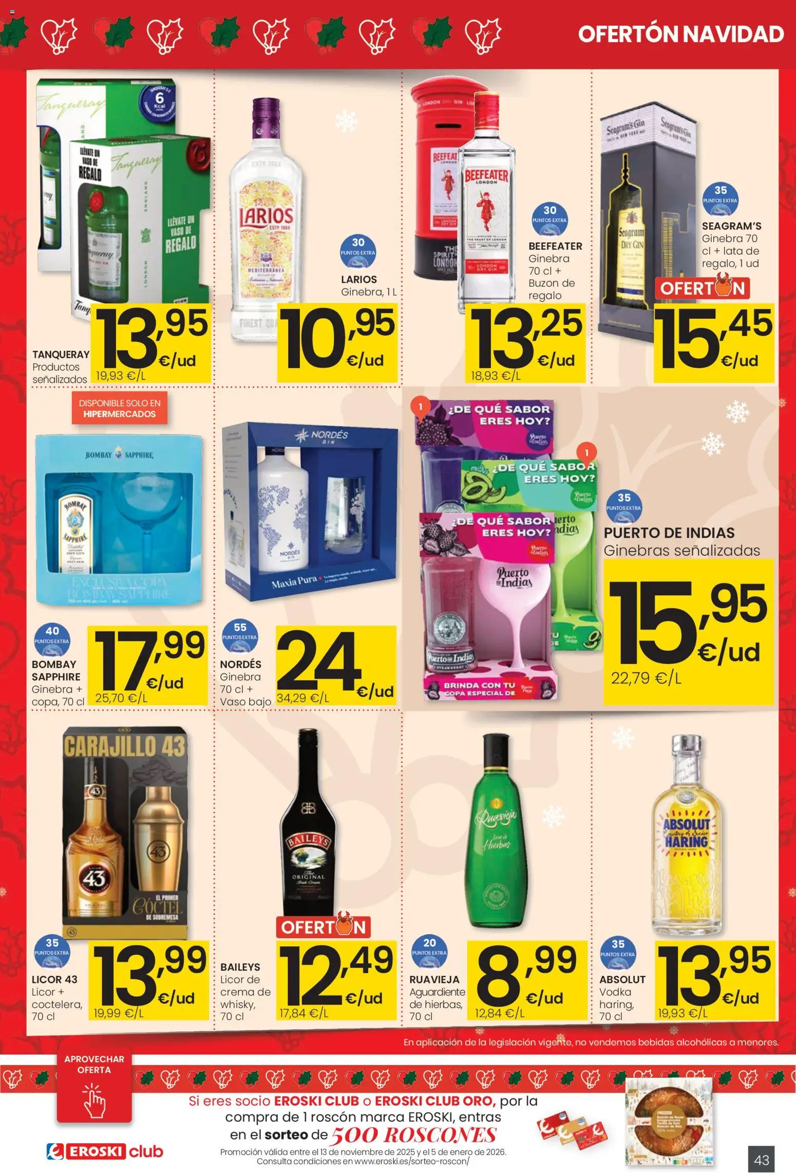 Eroski - Ofertón Navidad  │ válido desde el 27.11.2025 | Página: 43 | Productos: Ginebra, Crema, Vodka, Μαρμελάδα ροδάκινο
