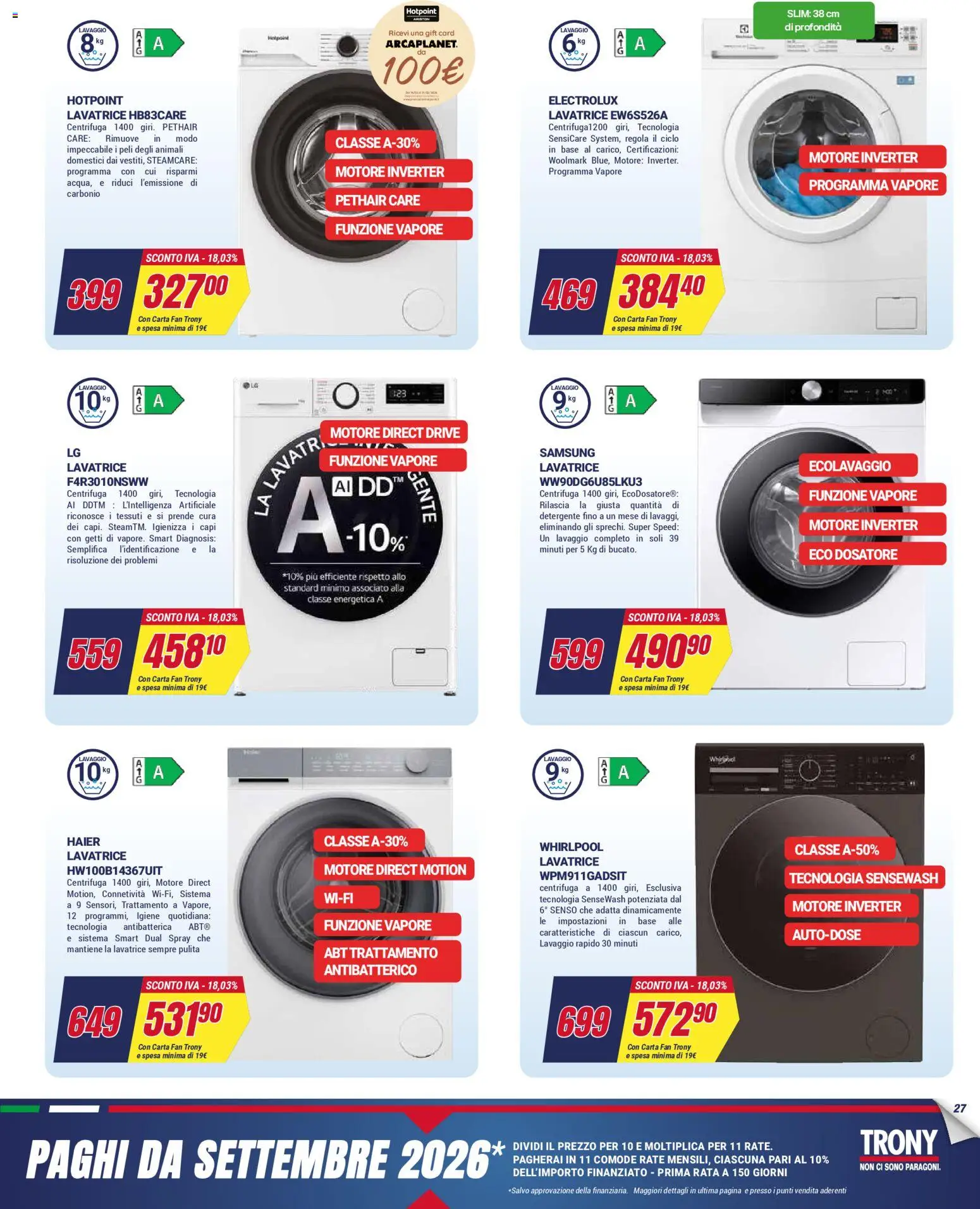 Volantino Trony del 02.04.2026 | Pagina: 27 | Prodotti: Detergente, Centrifuga, Fan, Samsung