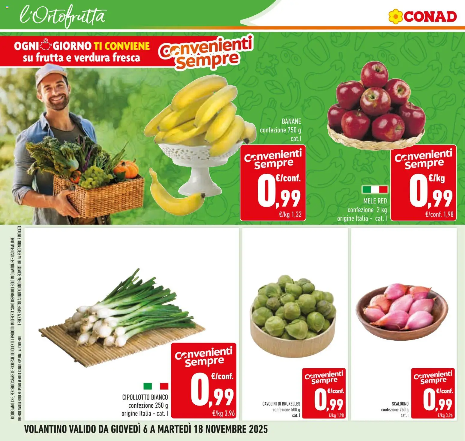 Volantino Conad del 06.11.2025 | Pagina: 10 | Prodotti: Mele, Banane, Frutta, Cavolini di bruxelles