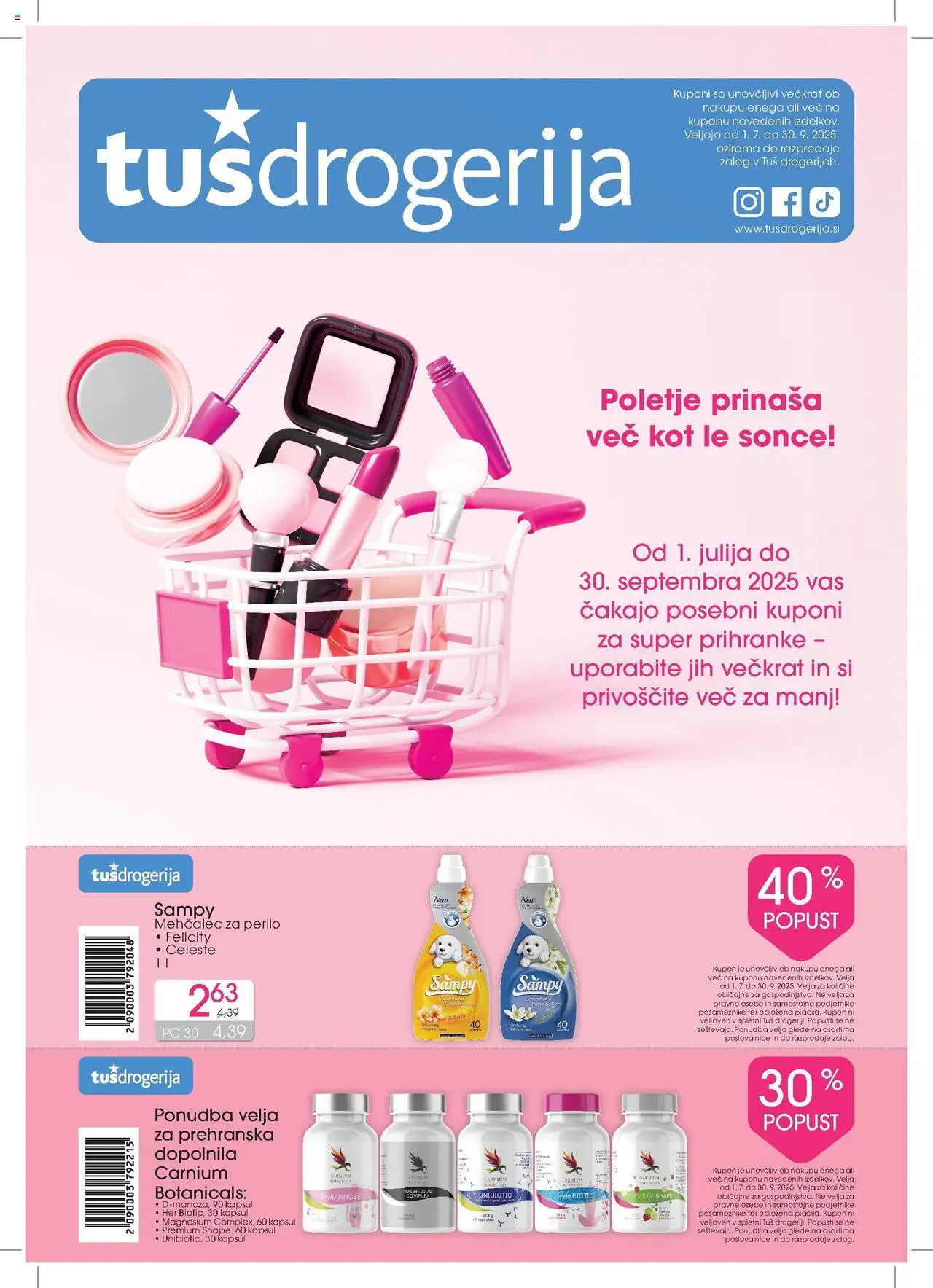 Tuš drogerija katalog kupončki │ velja od 01.07.2025 | Stran: 1 | Izdelki: Prehranska dopolnila, Mehčalec, Mehcalec za perilo