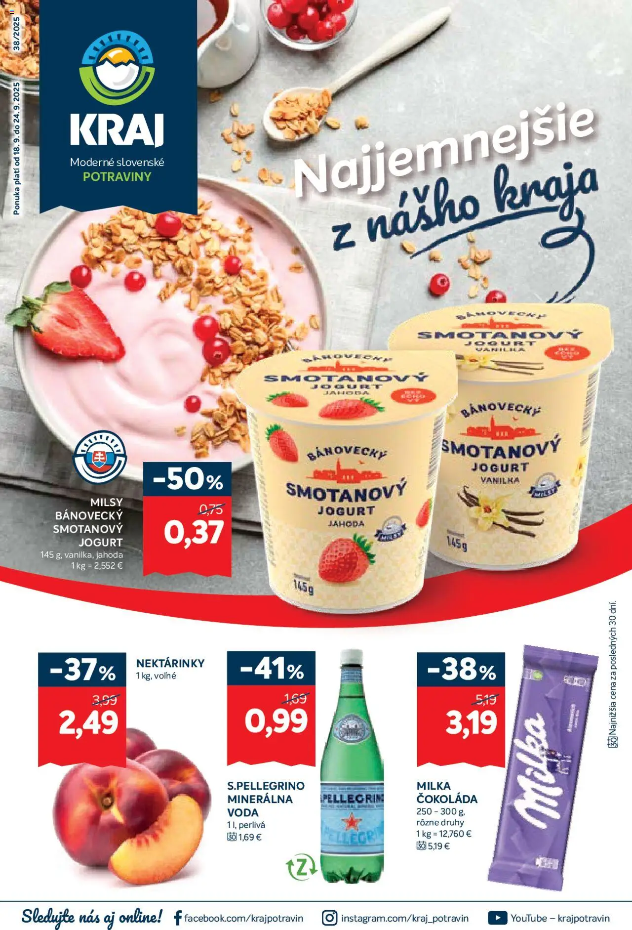 Nové Kraj akcie – leták je platný od 18.09.2025 | Strana: 1 | Produkty: Jogurt, Čokoláda, Milka, Voda