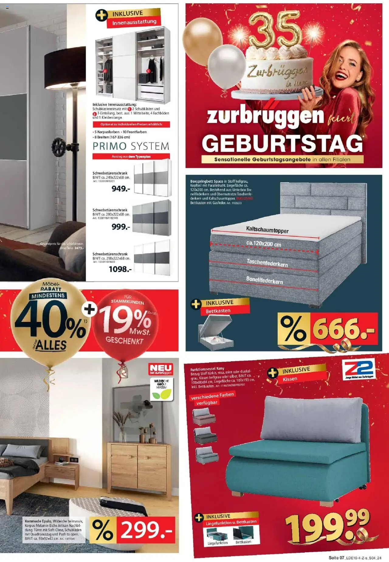 Zurbrüggen - Zurbrüggen: Geburtstag – gültig ab 17.10.2025 | Seite: 7 | Produkte: Kissen, Kommode, Schwebetürenschrank, Boxspringbett