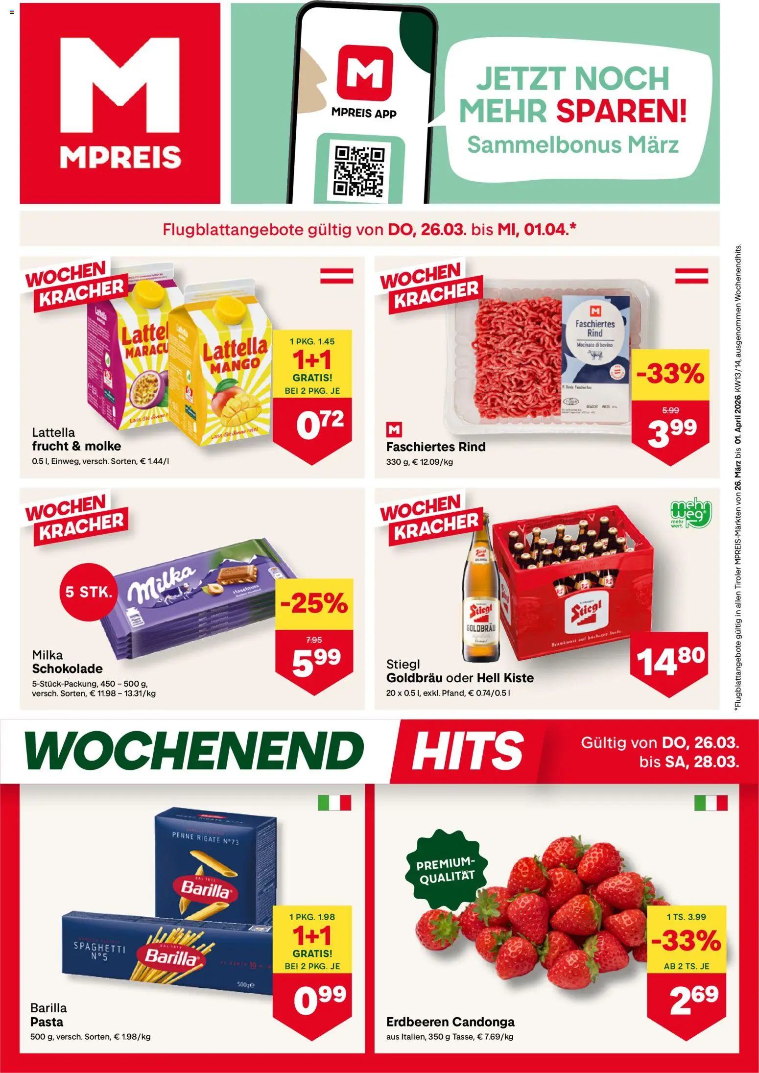 MPREIS Flugblatt gültig ab 26.03.2026 | Seite: 1 | Produkte: Erdbeeren, Pasta, Mango, Hajdina liszt