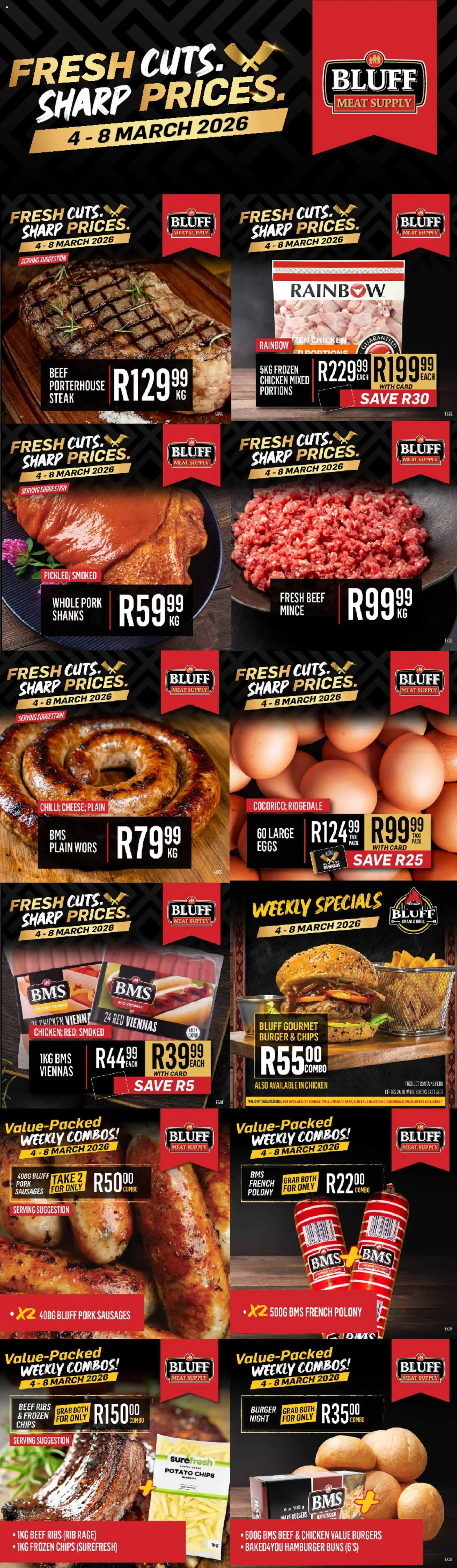 New Bluff Meat Supply catalogue – valid from 04.03.2026 | Page: 1 | Products: Buns, Eggs, Polony, Chips