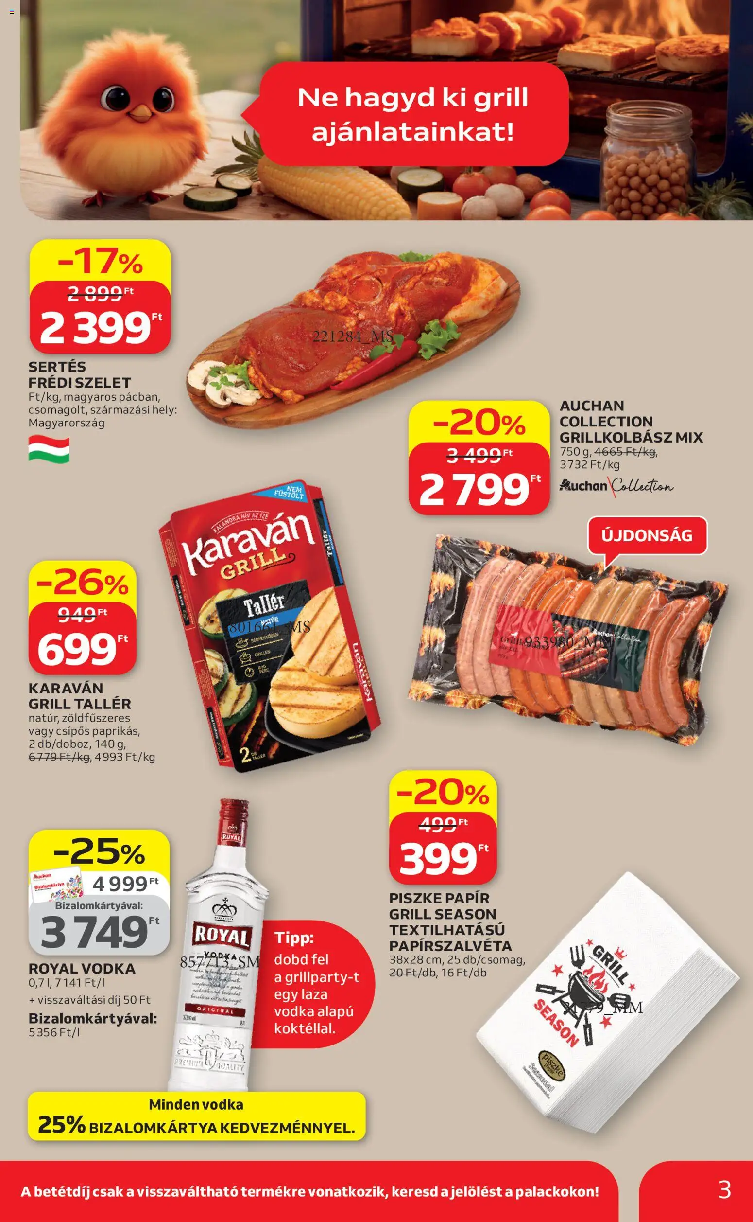 Auchan akciós ujság - amely érvényes a következő dátumtól: 09.04.2026 | Oldal: 3 | Termékek: Grillkolbász, Grill, Vodka
