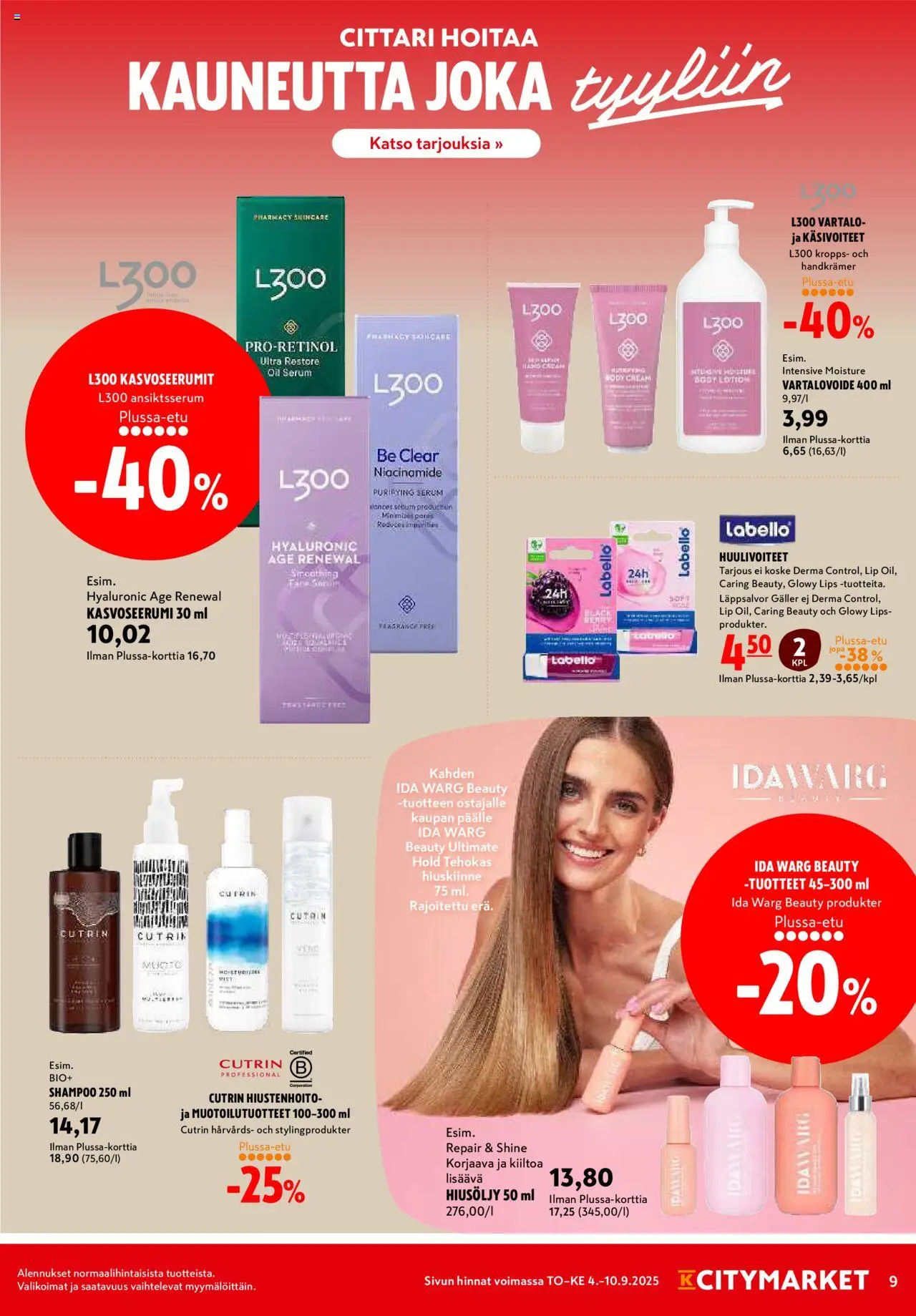 K-Citymarket tarjoukset – voimassa 04.09.2025 alkaen | Sivu: 9 | Tuotteet: Shampoo, Hiusöljy, Vartalovoide