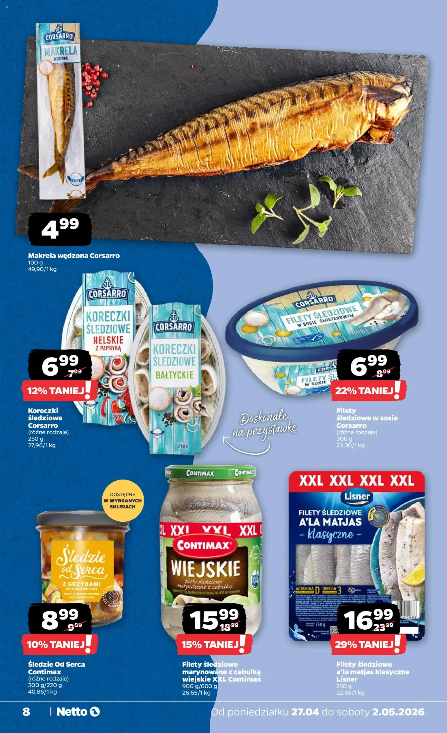 Netto gazetka od poniedziałku spożywcza od 27.04.2026 | Strona: 8 | Produkty: Makrela wędzona, Filety śledziowe w sosie śmietanowym, Makrela, Papryka