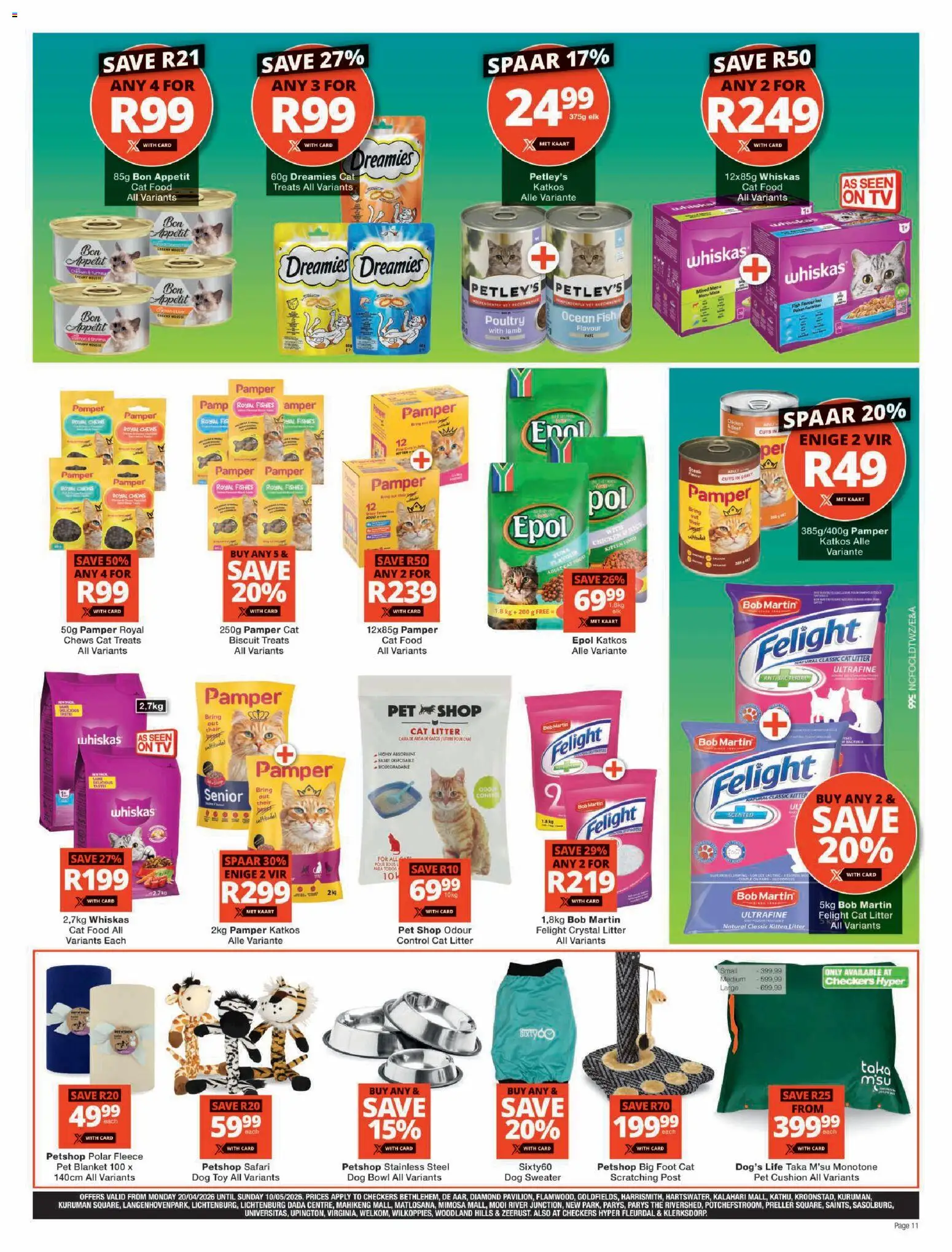 New Checkers catalogue – valid from 20.04.2026 | Page: 11 | Products: Cushion, Limpiador íntimo, Chicken, Fish