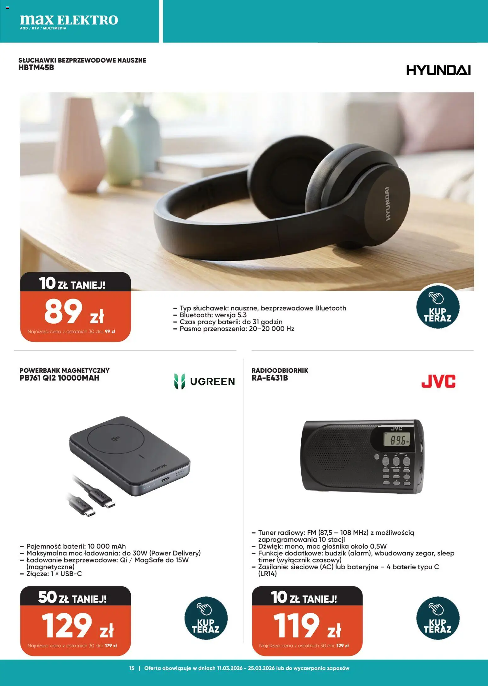 Max elektro gazetka od 11.03.2026 | Strona: 15 | Produkty: Budzik, Słuchawki, Powerbank, Słuchawki bezprzewodowe