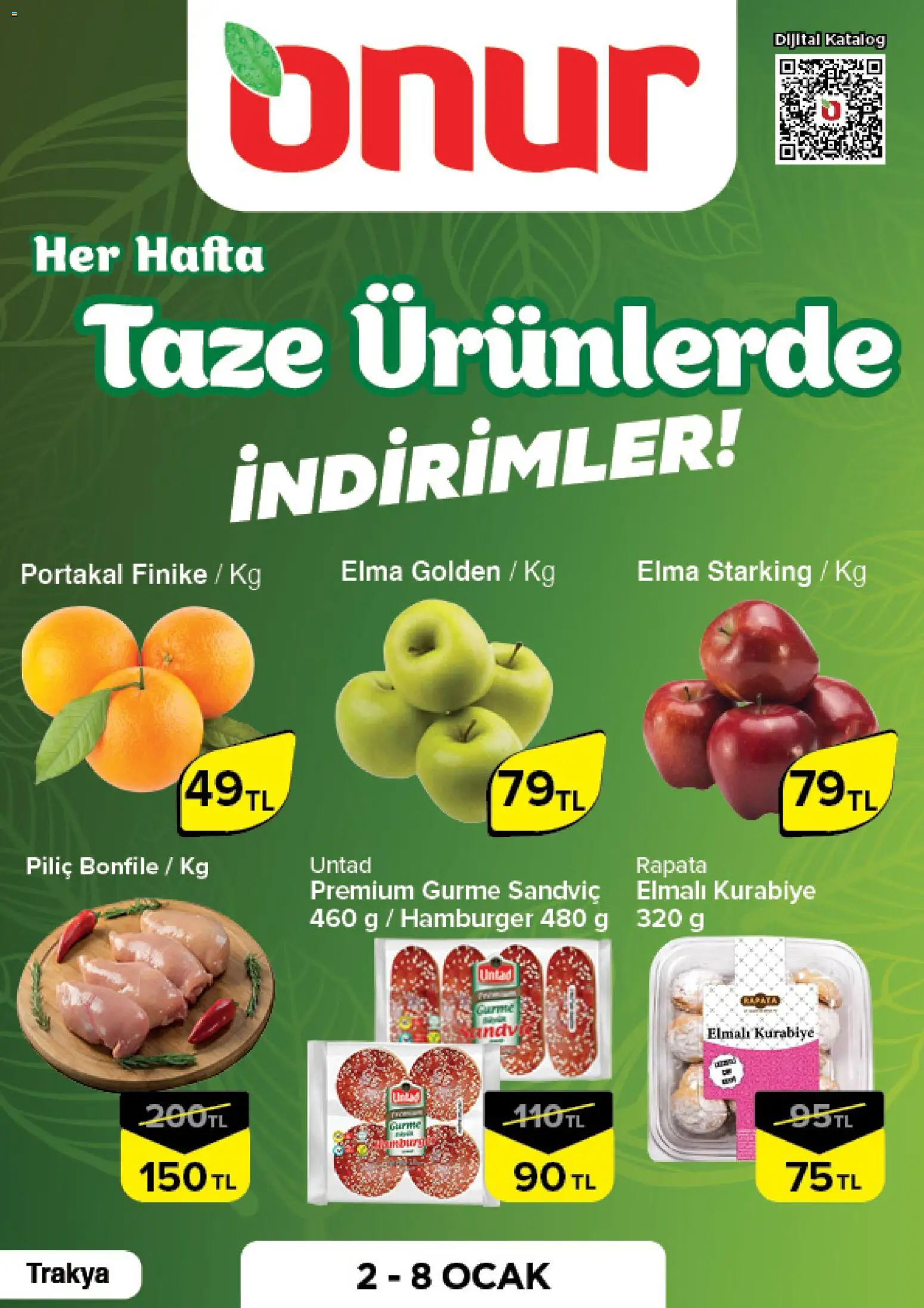 Onur Market Taze Ürünlerde İndirimler - Trakya - 02.01.2026 tarihinden itibaren geçerlidir | Sayfa: 1 | Ürünler: Elma, Portakal, Piliç bonfile, Ocak
