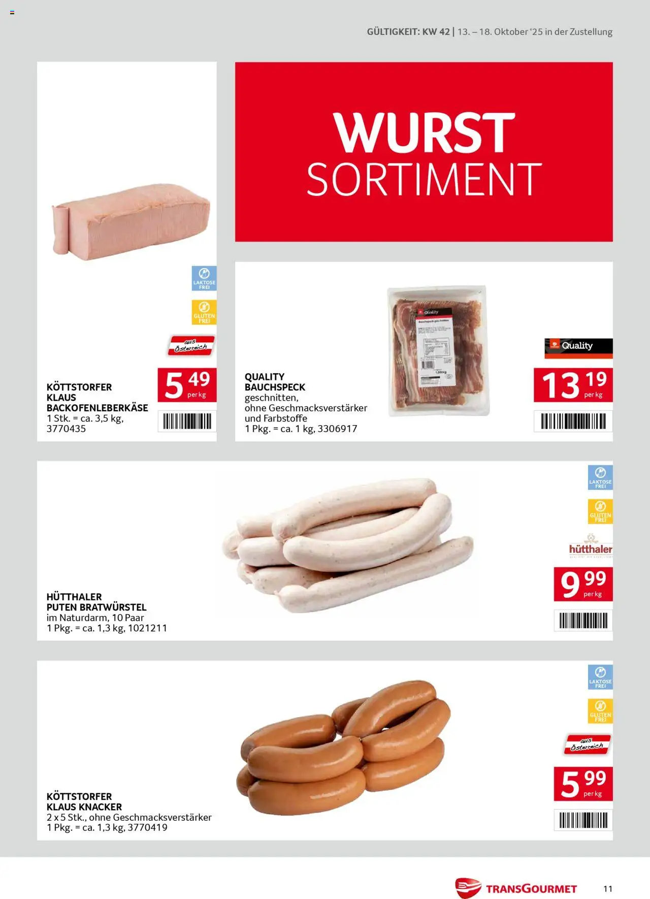 Transgourmet Zustellaktion gültig ab 13.10.2025 | Seite: 11 | Produkte: Wurst