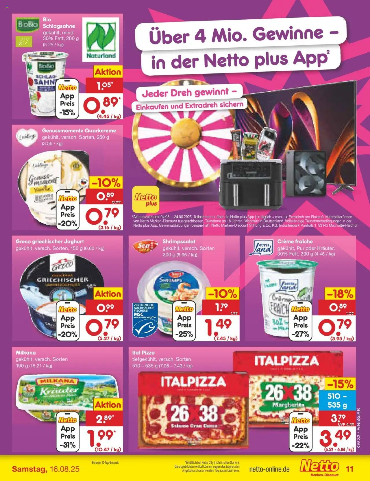 Netto Marken-Discount prospekt Erfurt	 - gültig ab dem 11.08.2025 | Seite: 19 | Produkte: Schlagsahne, Joghurt, Creme, Pizza