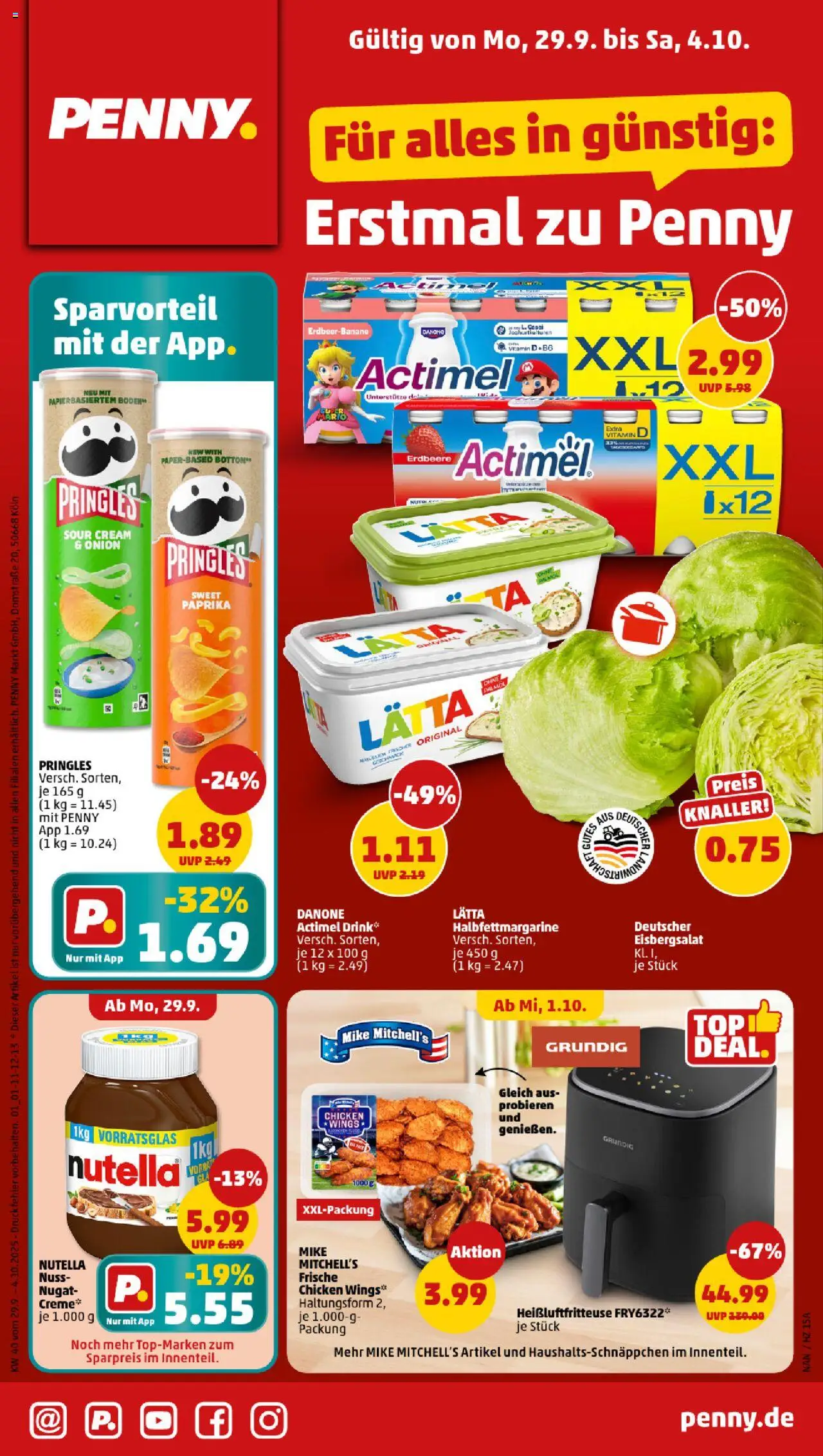 Penny Prospekt 	 – gültig ab 29.09.2025 | Seite: 1 | Produkte: Actimel, Eisbergsalat, Paprika, Lätta