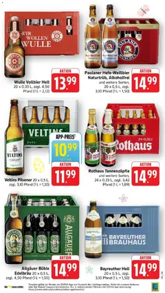 Paulaner Hefe-Weißbier Naturtrüb, Alkoholfrei, und weitere Sorten, 20 x 0,5 L, zzgl. 3,10 Pfand (1 L = 1,50) ab 23.03.2026 gültig | Seite: 35 | Produkte: Bayreuther hell, Bier, Weißbier, Veltins